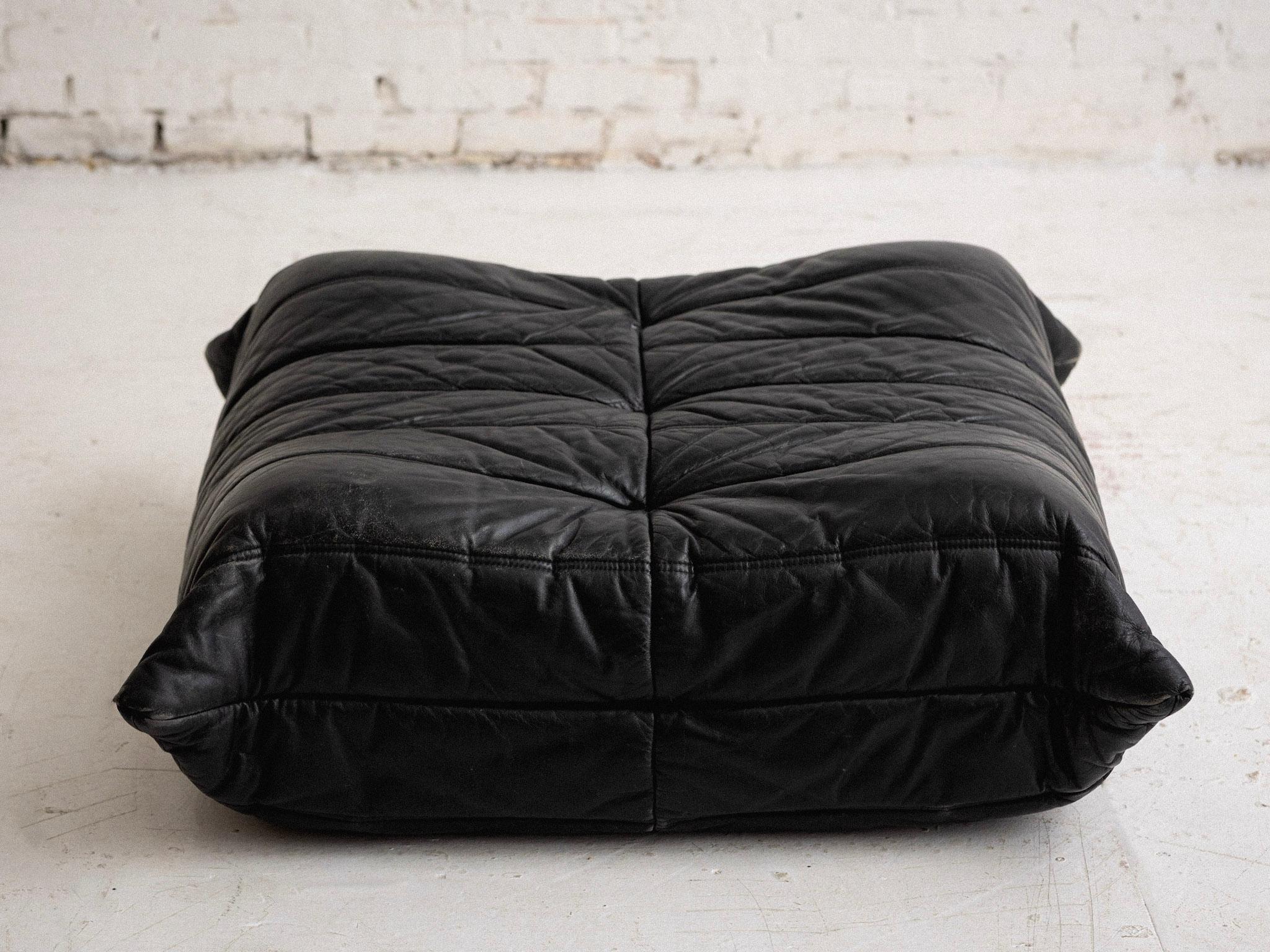 French Black Leather 'Togo' Ottoman by Michel Ducaroy for Ligne Roset