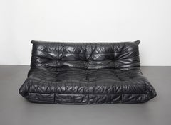 Black Leather Togo Set, 2 and 3 Seater, Michel Ducaroy  by Ligne Roset 1973