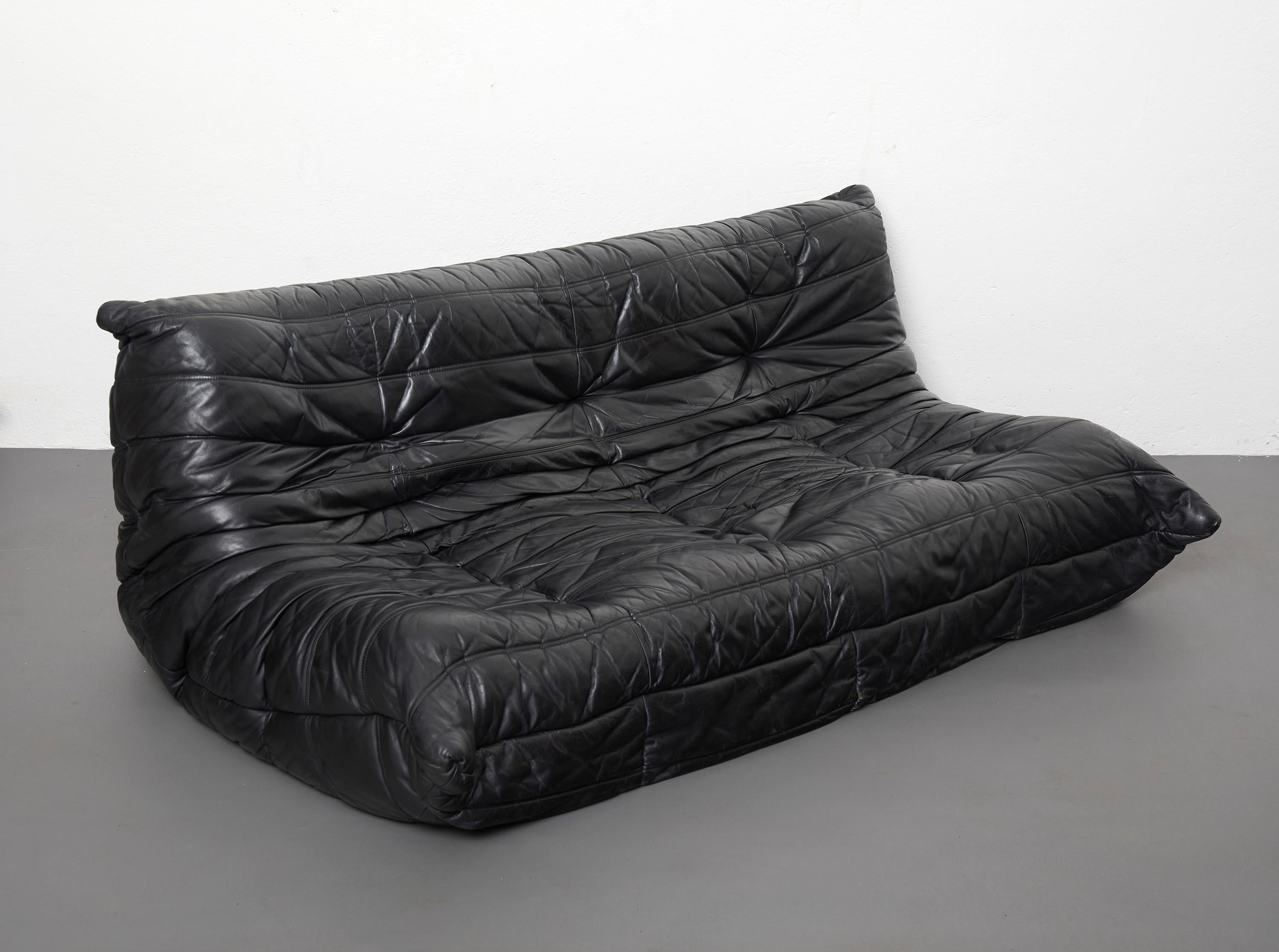 French Black Leather Togo Set, 2 and 3 Seater, Michel Ducaroy  by Ligne Roset 1973