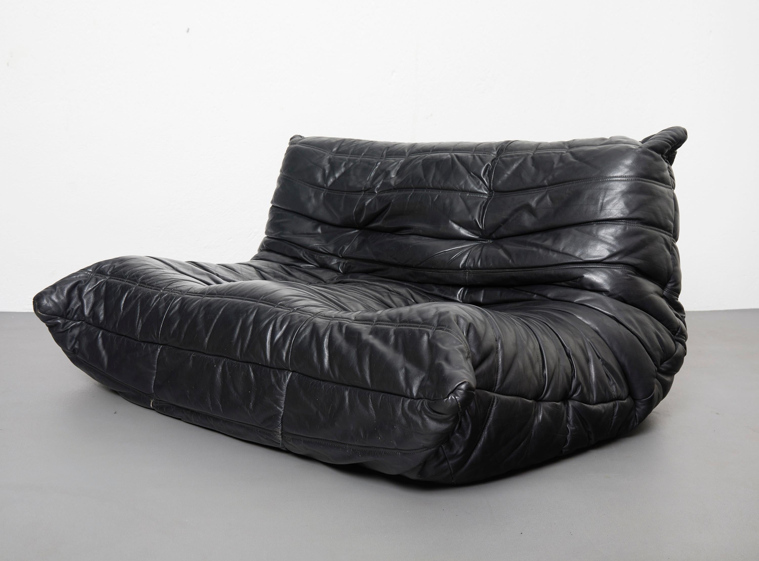 Black Leather Togo Set, 2 and 3 Seater, Michel Ducaroy  by Ligne Roset 1973 3