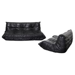 Black Leather Togo Set, 2 and 3 Seater, Michel Ducaroy  by Ligne Roset 1973