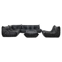 Black leather Togo sofa set by Michel Ducaroy for Ligne Roset, France