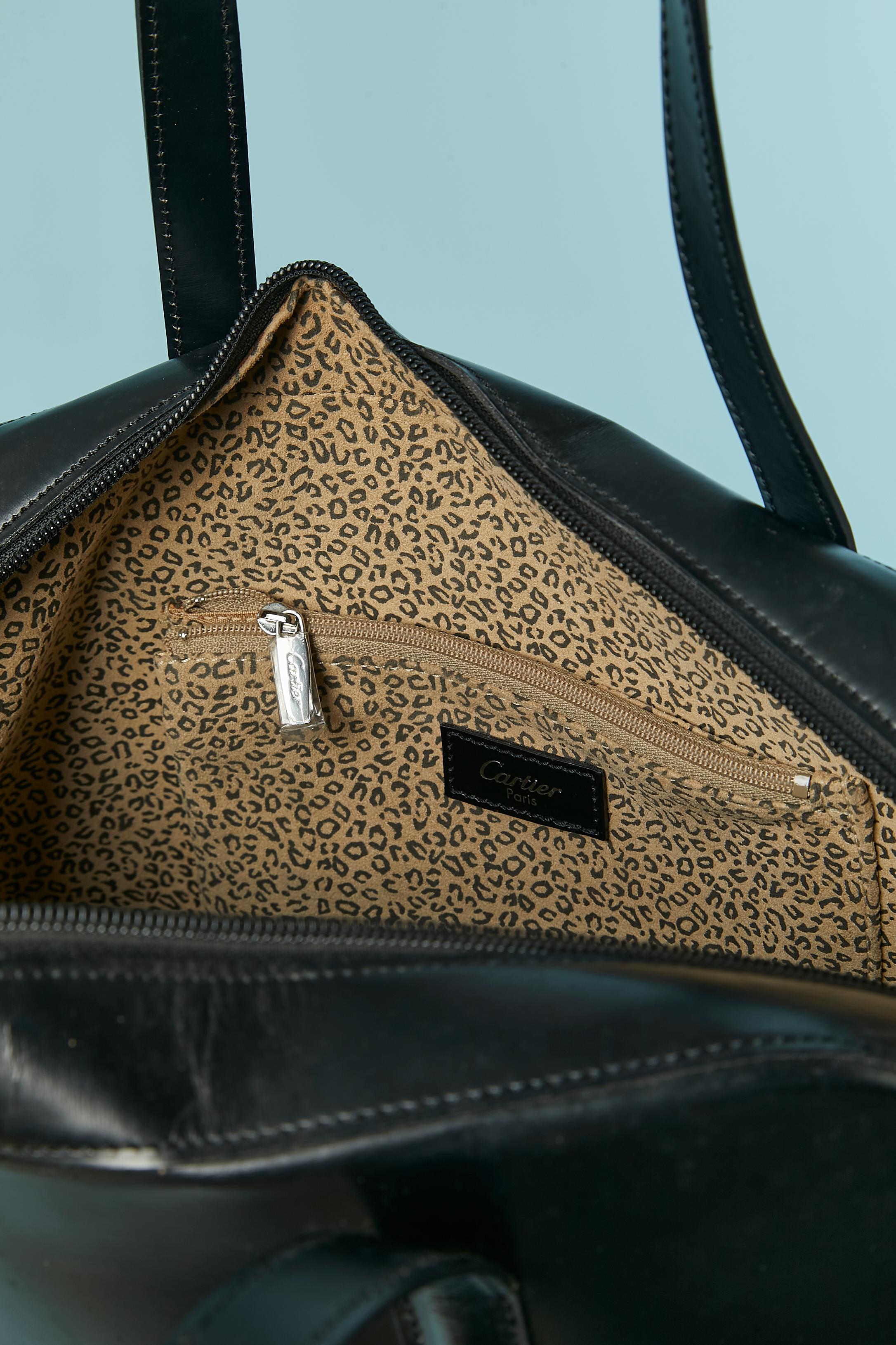 Black leather top handle bag with silver metal panther ring closure CARTIER 3