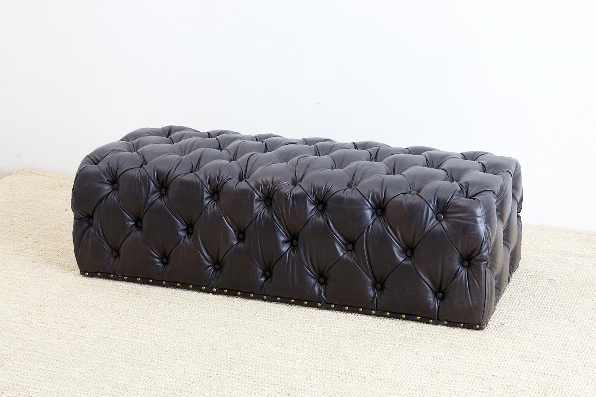 20th Century Black Leather Tufted Ottoman or Bench