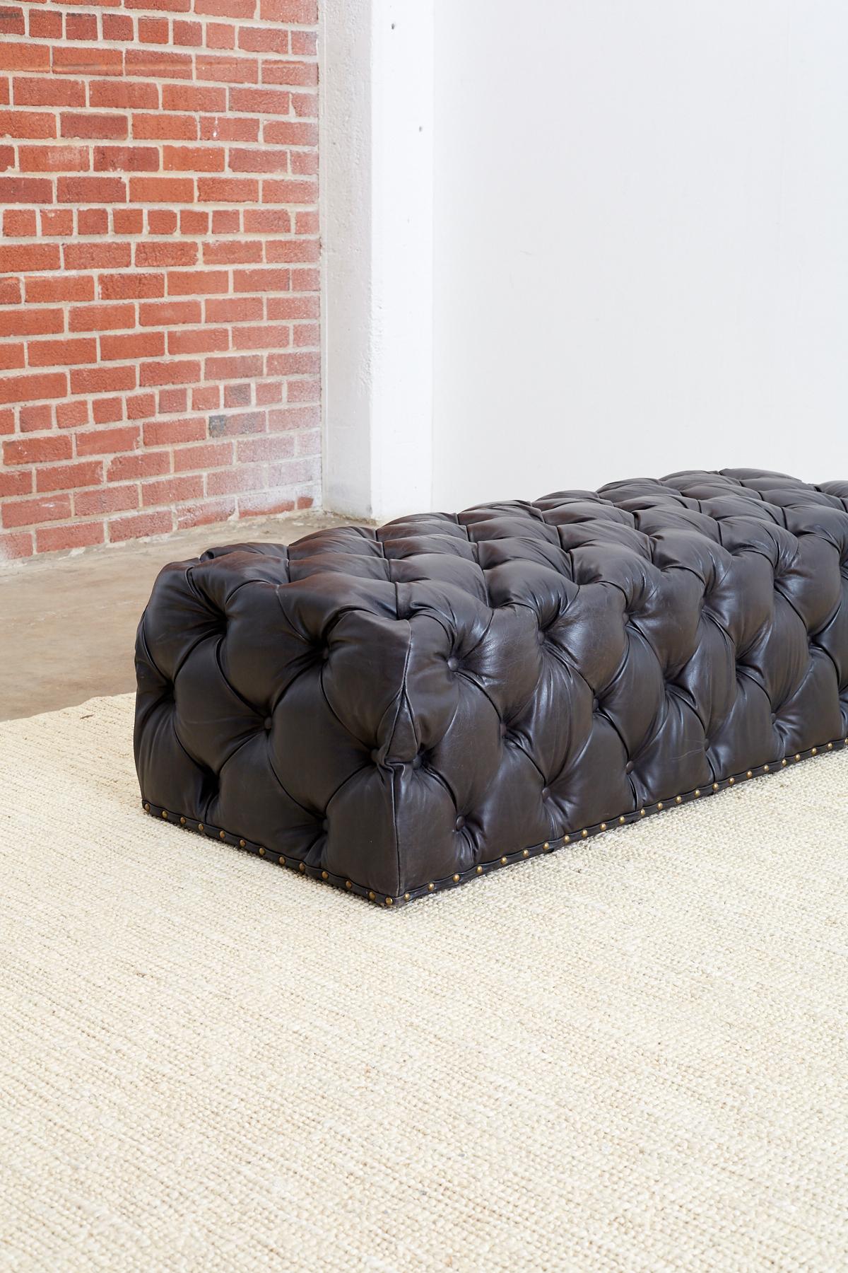 Brass Black Leather Tufted Ottoman or Bench