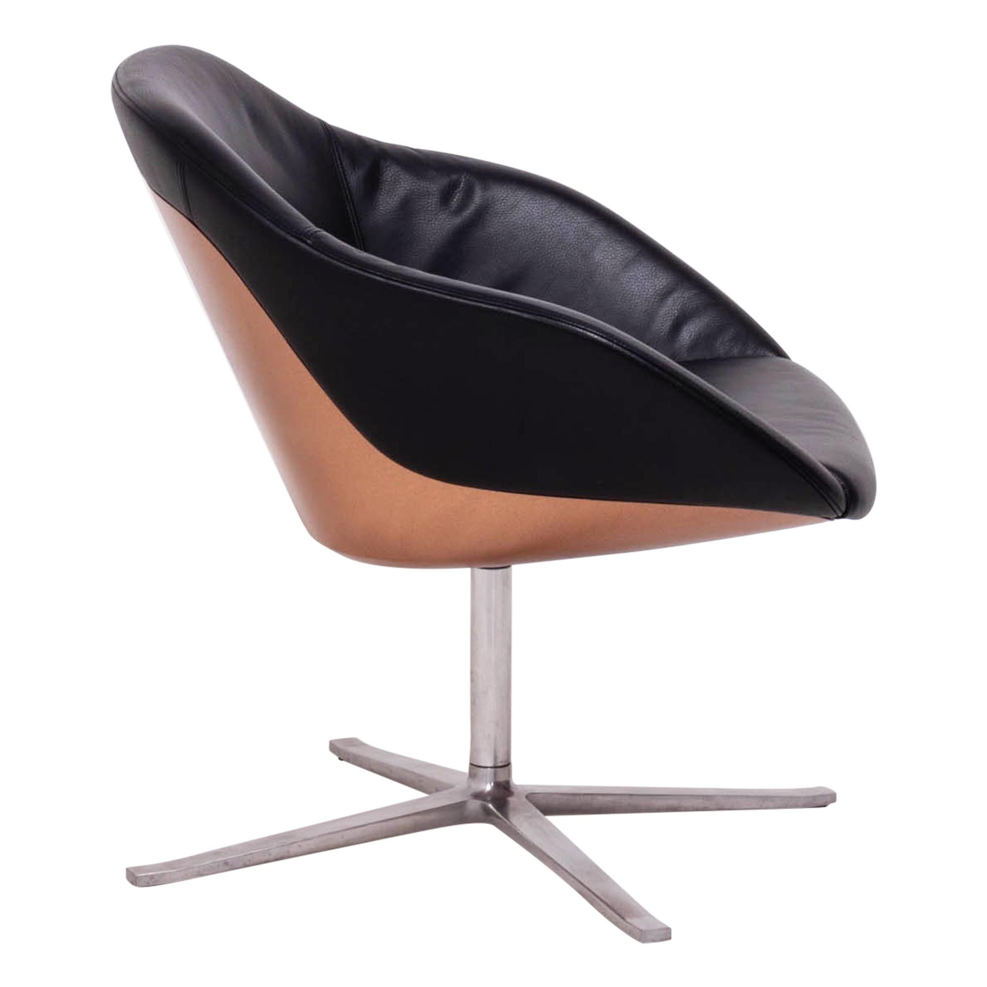 Mid Century Modern Black Leather Swivel Turtle Lounge Chair by Walter Knoll