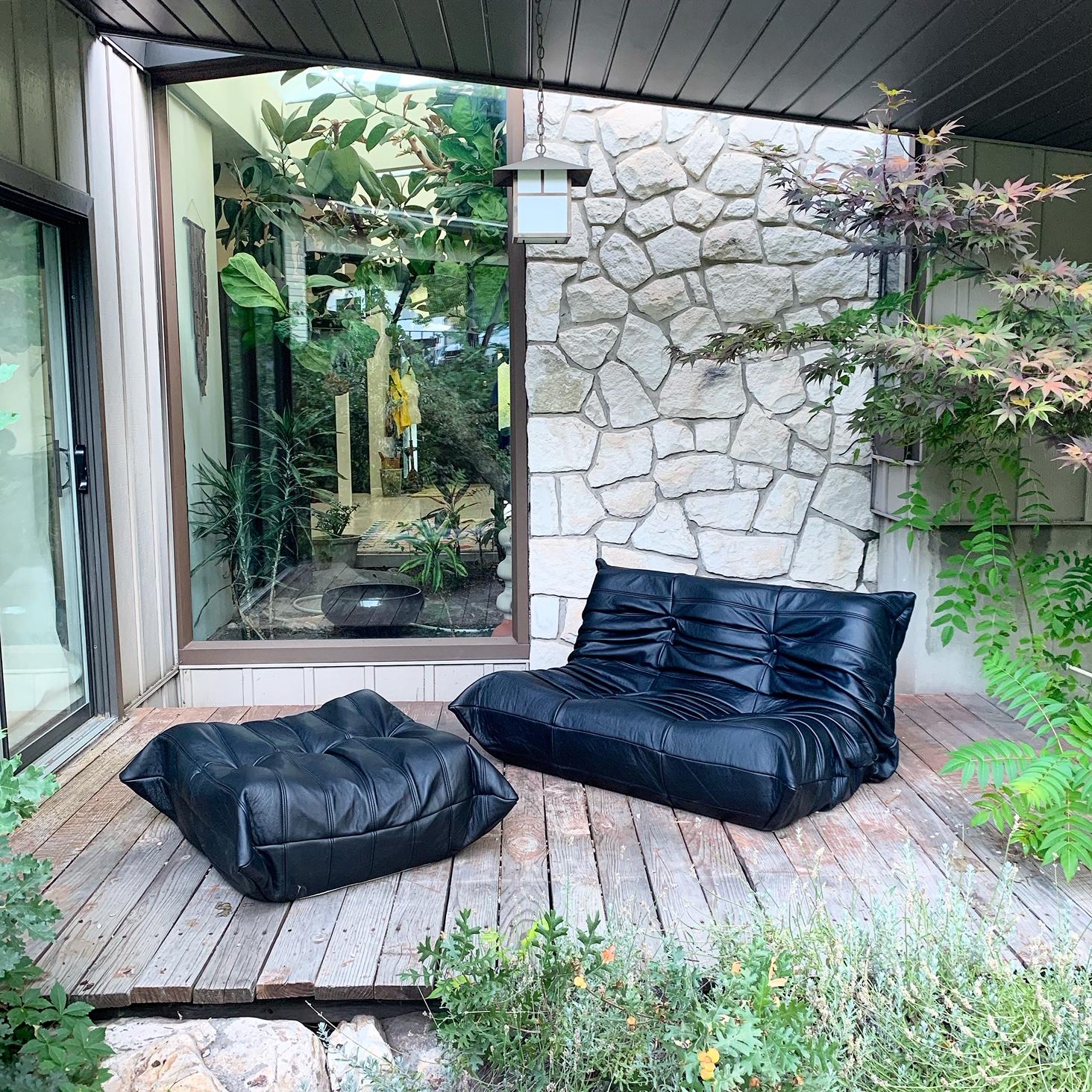 Black Leather Two-Seat Togo Sofa and Ottoman by Michel Ducaroy for Ligne Roset In Excellent Condition In Salt Lake City, UT