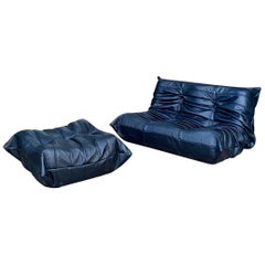 Black Leather Two-Seat Togo Sofa and Ottoman by Michel Ducaroy for Ligne Roset