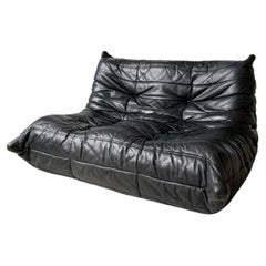 Vintage Black Leather Two Seater Togo Sofa by Michel Ducaroy for Ligne Roset