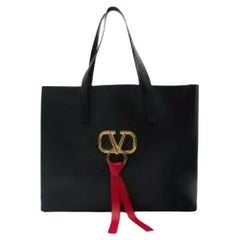 Valentino Black Leather V-Logo Tote Bag