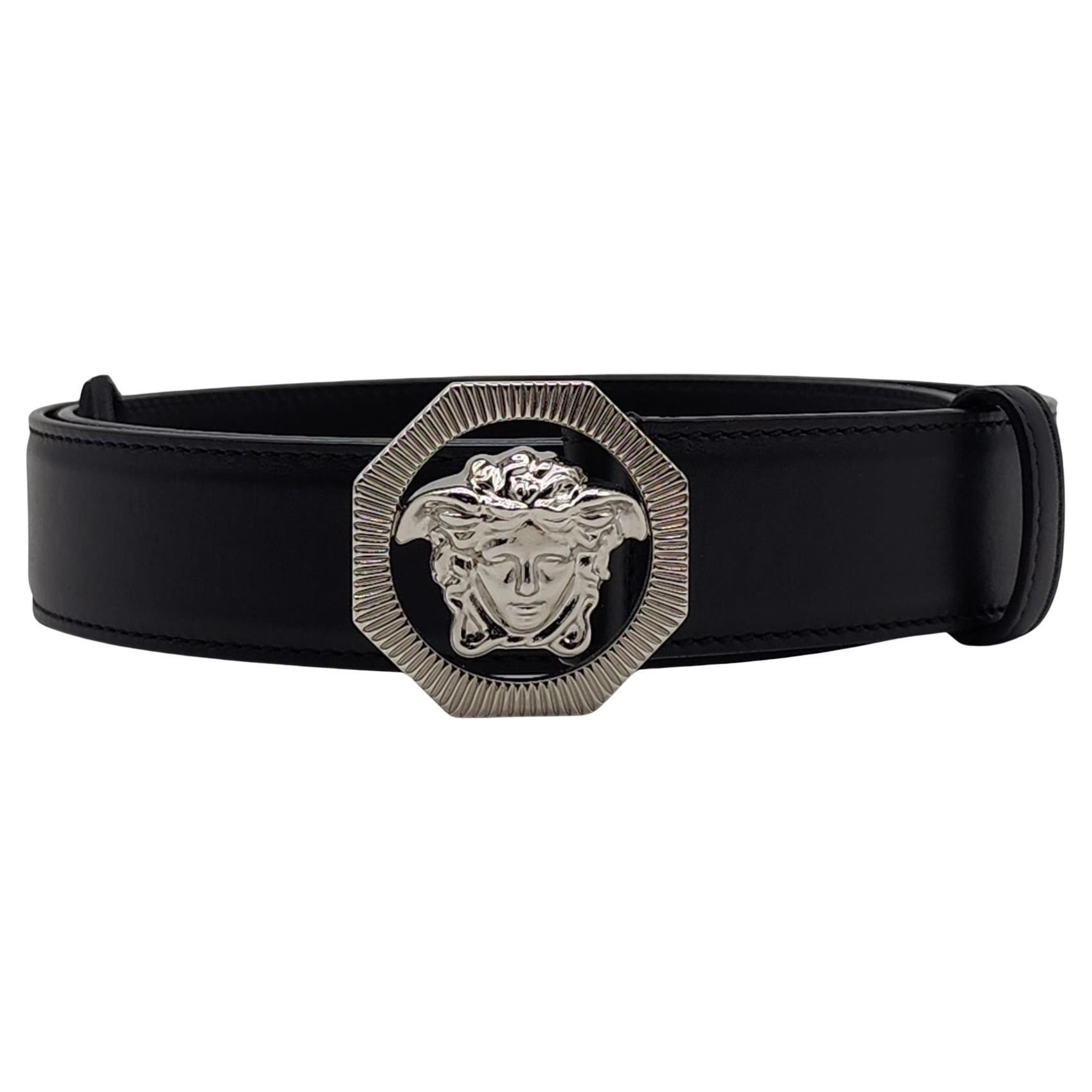 Black Leather Versace Medusa Belt For Sale