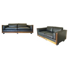 Black Leather & Walnut Modular Sofas Mod. 920 by Afra & Tobia Scarpa for Cassina