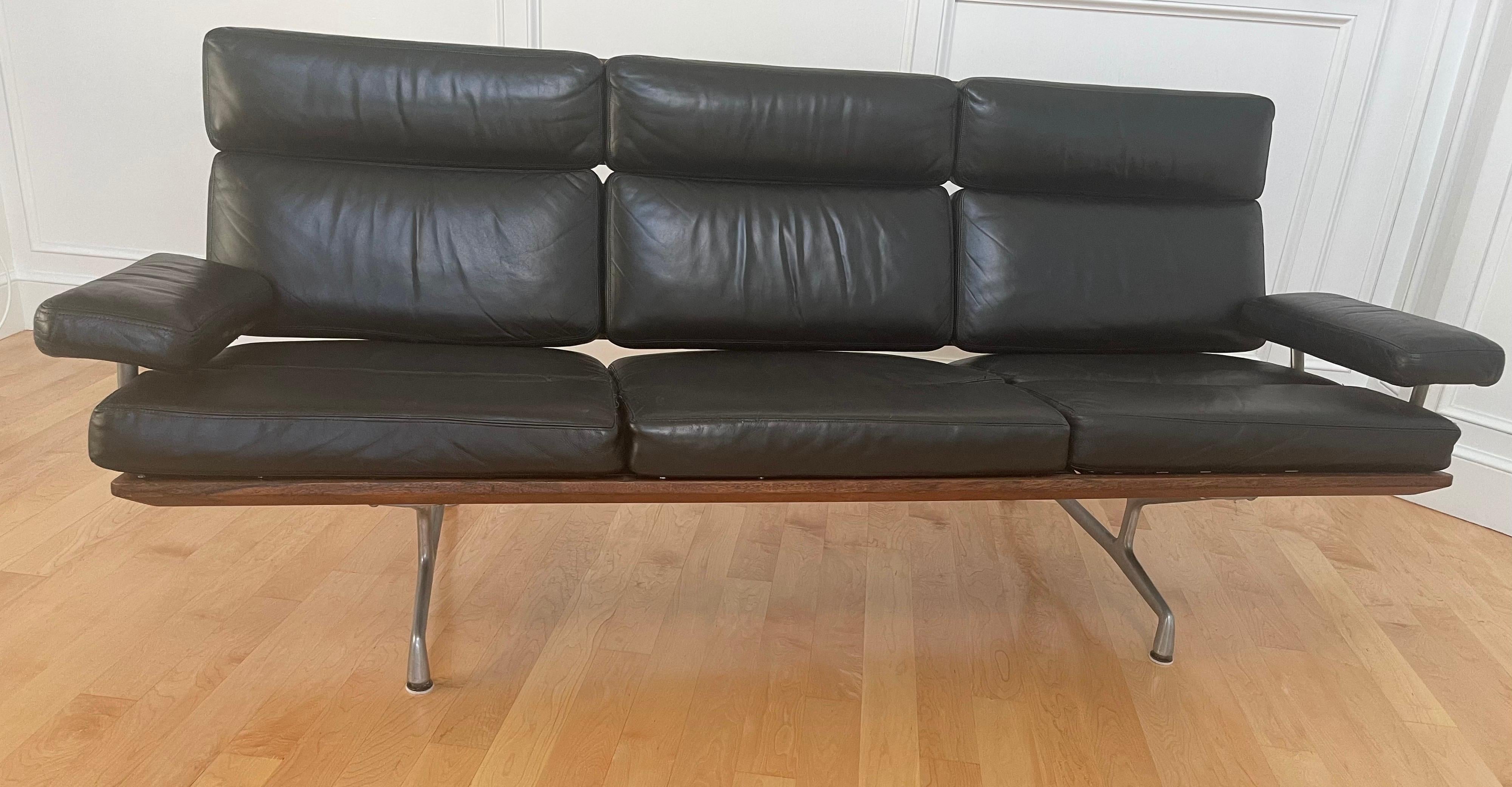 Black Leather & Walnut Three Seat Sofa by Charles & Ray Eames for Herman Miller 5