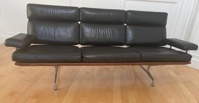 Black Leather and Walnut Three Seat Sofa by Charles and Ray Eames for Herman  Miller at 1stDibs