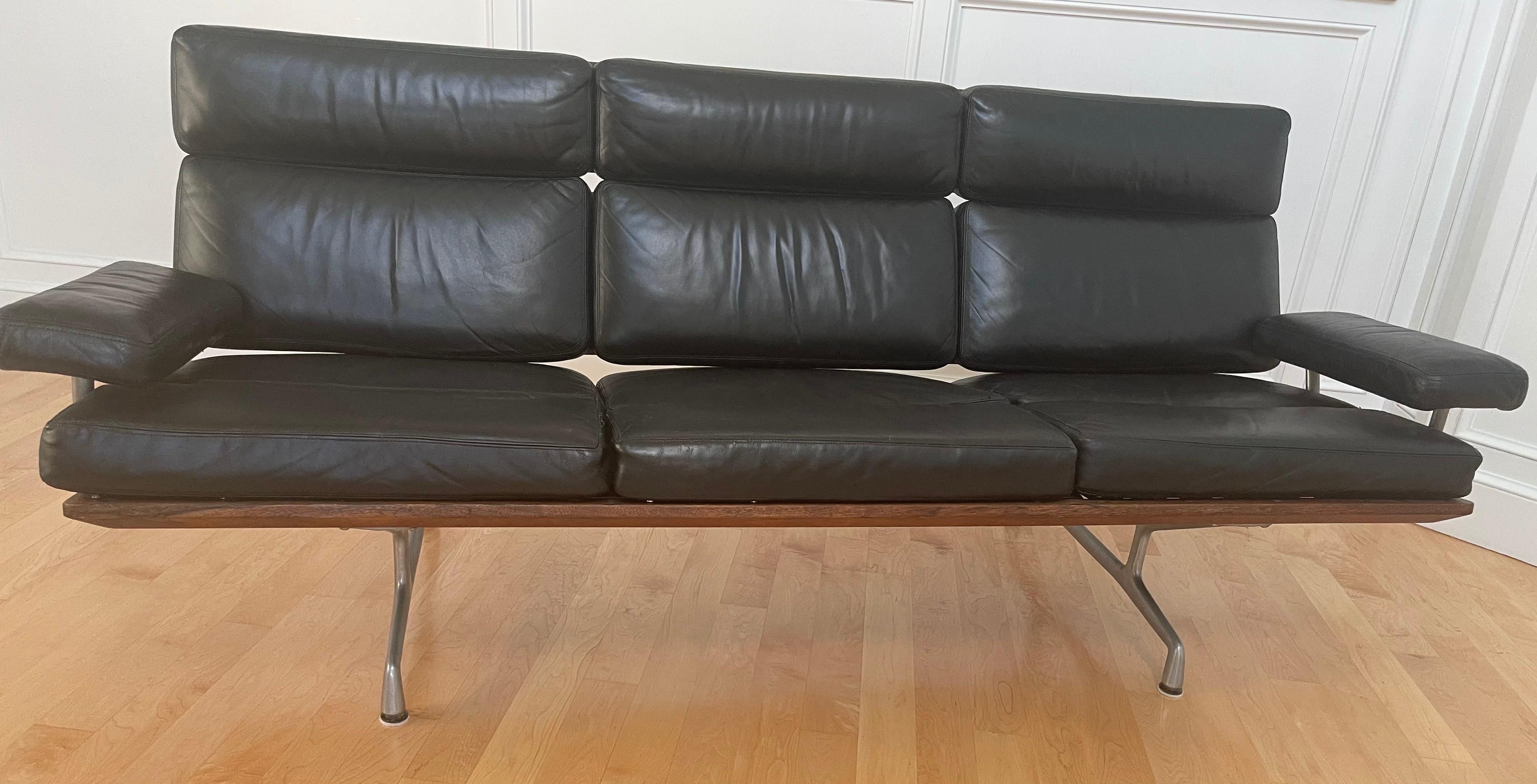 Black Leather & Walnut Three Seat Sofa by Charles & Ray Eames for Herman Miller 1