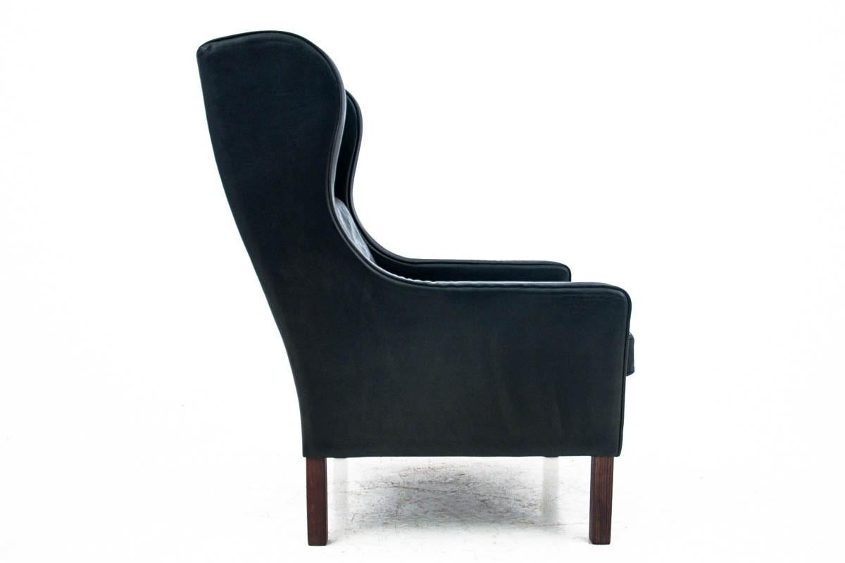 Mid-Century Modern Black Leather Wingback Armchair Easy Chair Borge Mogensen For Sale