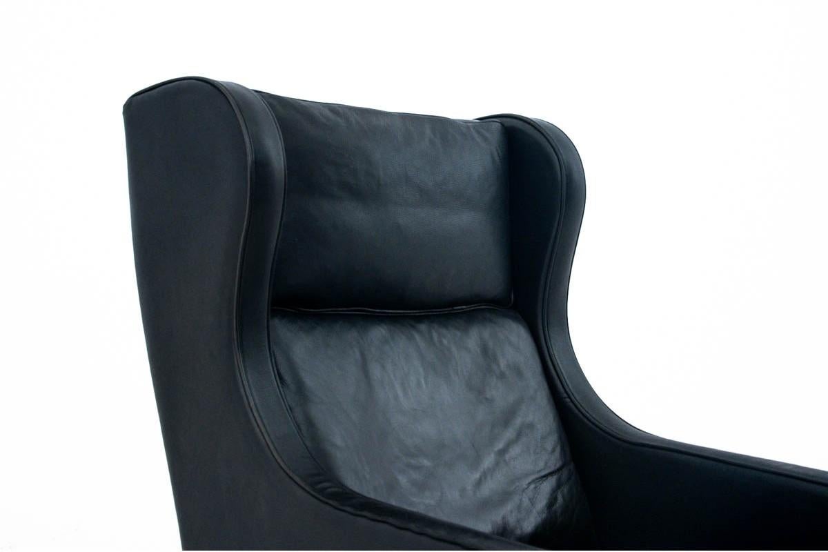 Black Leather Wingback Armchair Easy Chair Borge Mogensen In Good Condition For Sale In Chorzów, PL