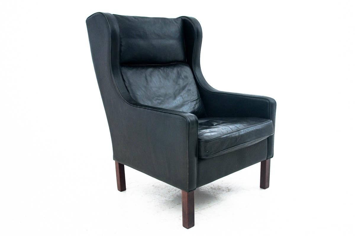 Late 20th Century Black Leather Wingback Armchair Easy Chair Borge Mogensen For Sale
