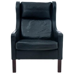 Vintage Black Leather Wingback Armchair Easy Chair Borge Mogensen