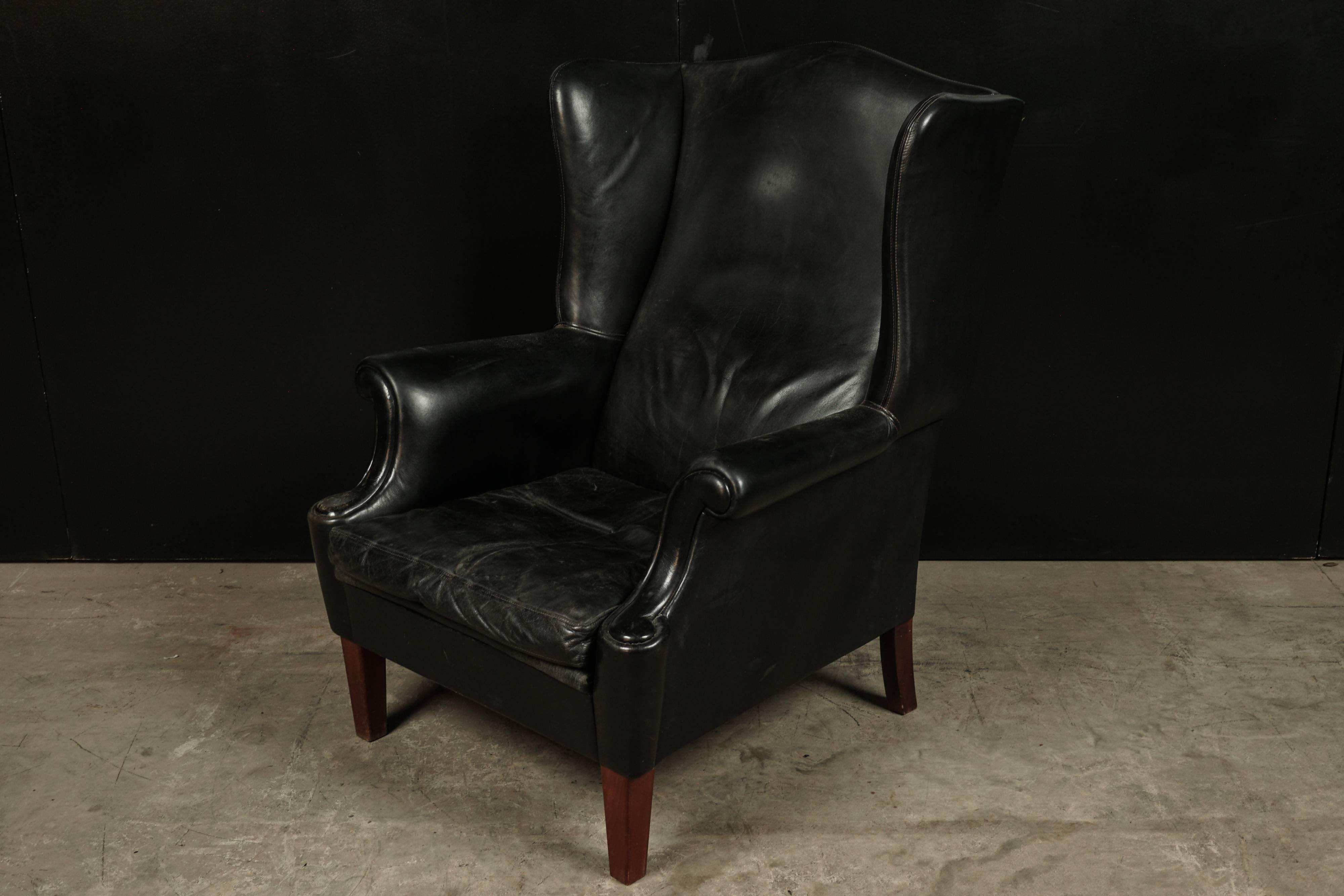 Black Leather Wingback Chair from Denmark, circa 1960 In Good Condition In Nashville, TN