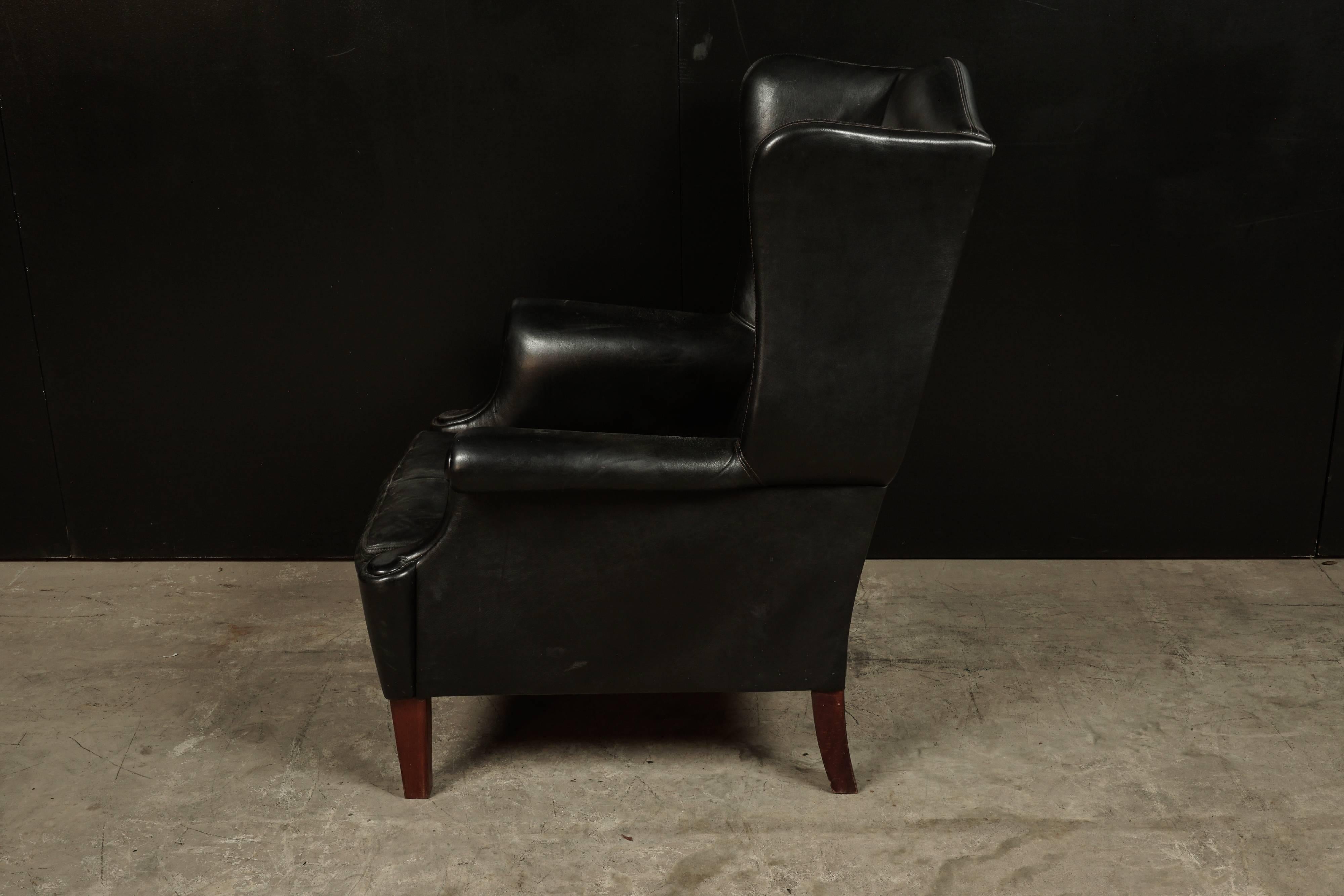 Mid-20th Century Black Leather Wingback Chair from Denmark, circa 1960