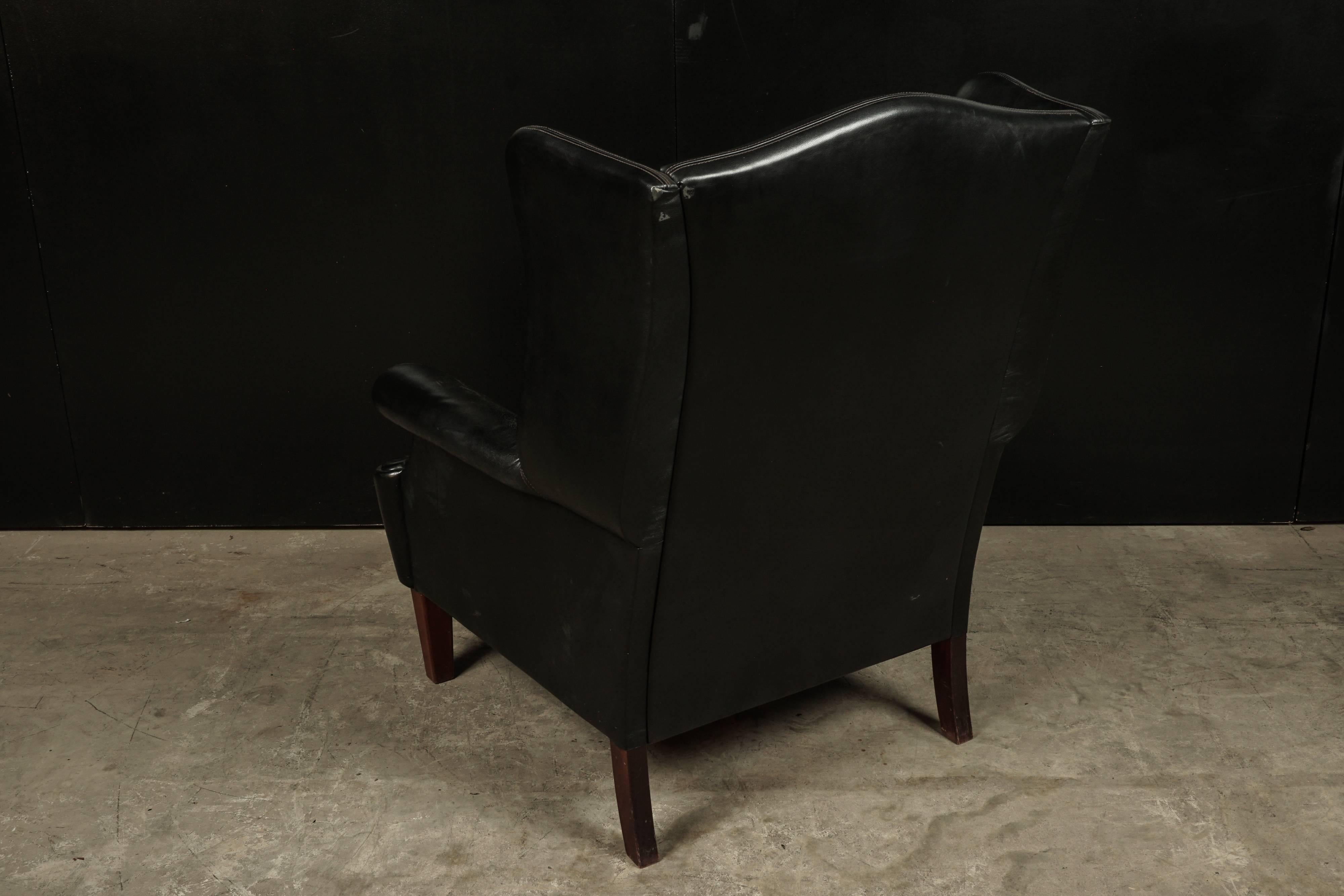 Black Leather Wingback Chair from Denmark, circa 1960 1