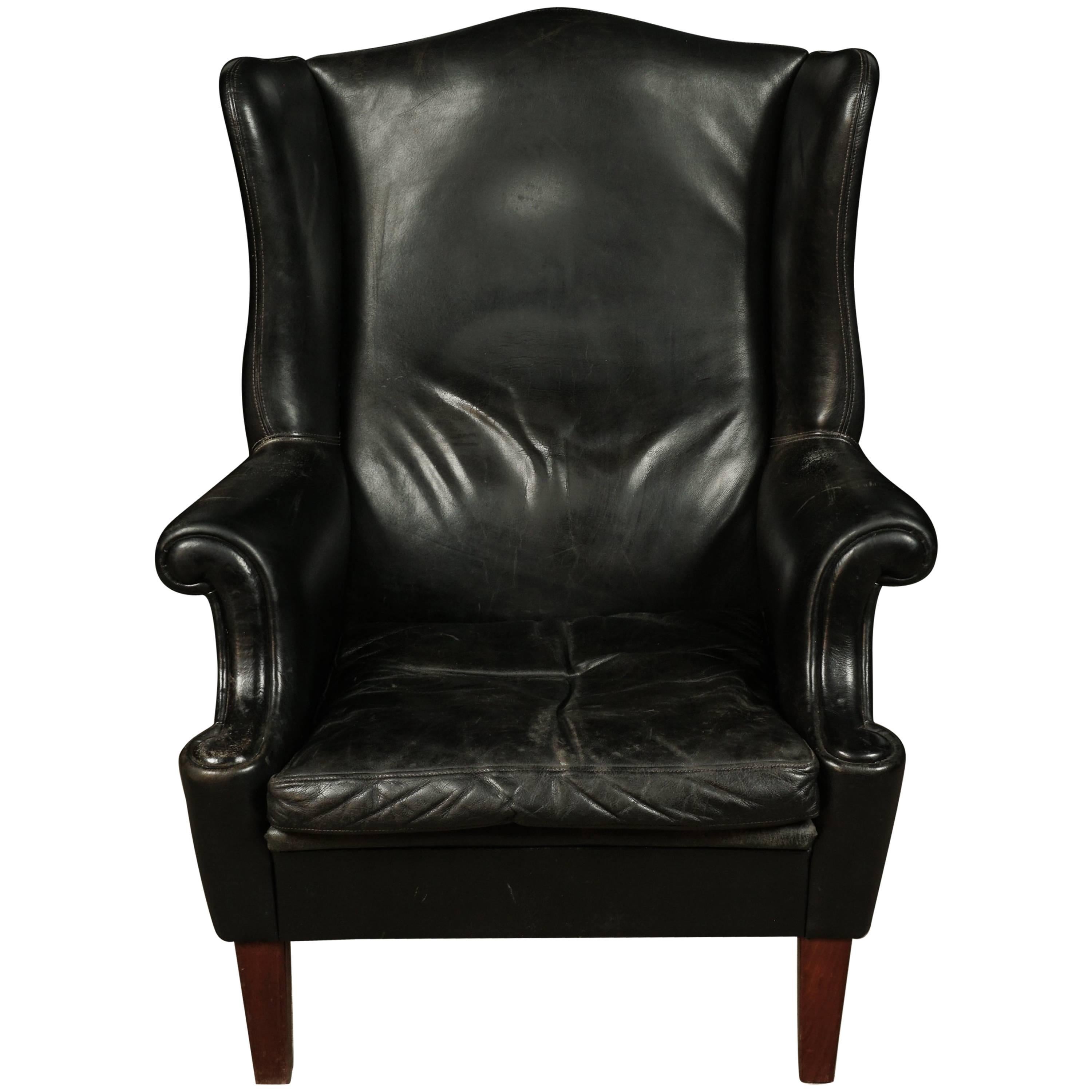 Black Leather Wingback Chair from Denmark, circa 1960