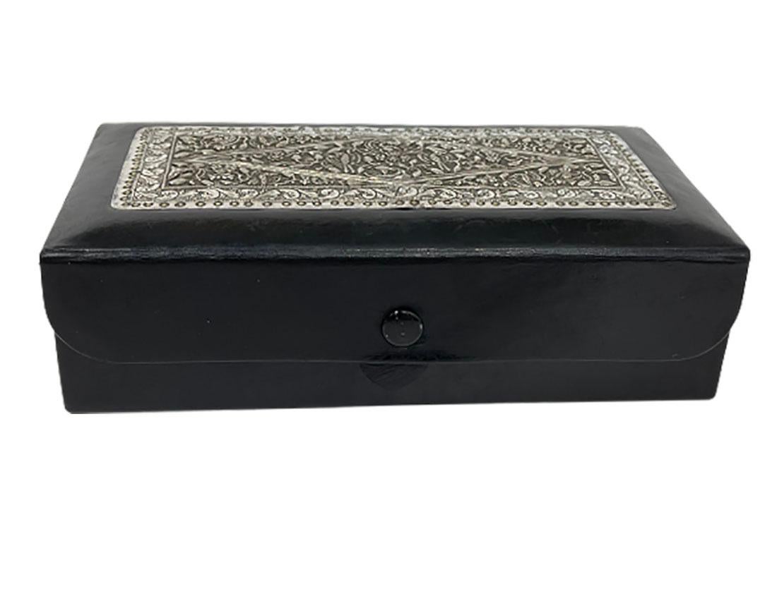 20th Century Black Leather with Indonesian Silver 1920s Jewelry Box For Sale