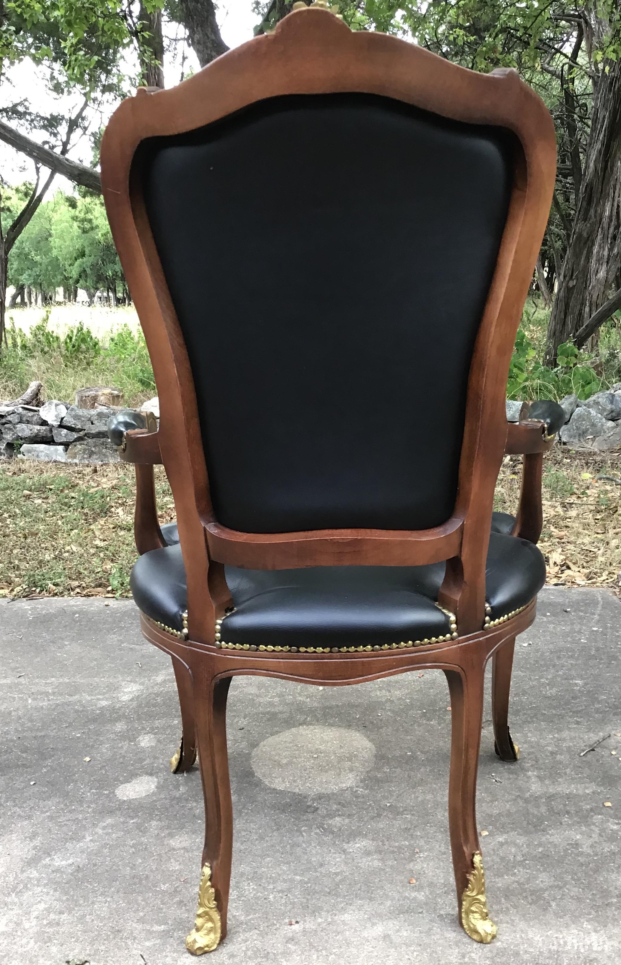 Black Leather Wood Armchair Bronze Mounts Louis XV Style Office Desk Chair 4