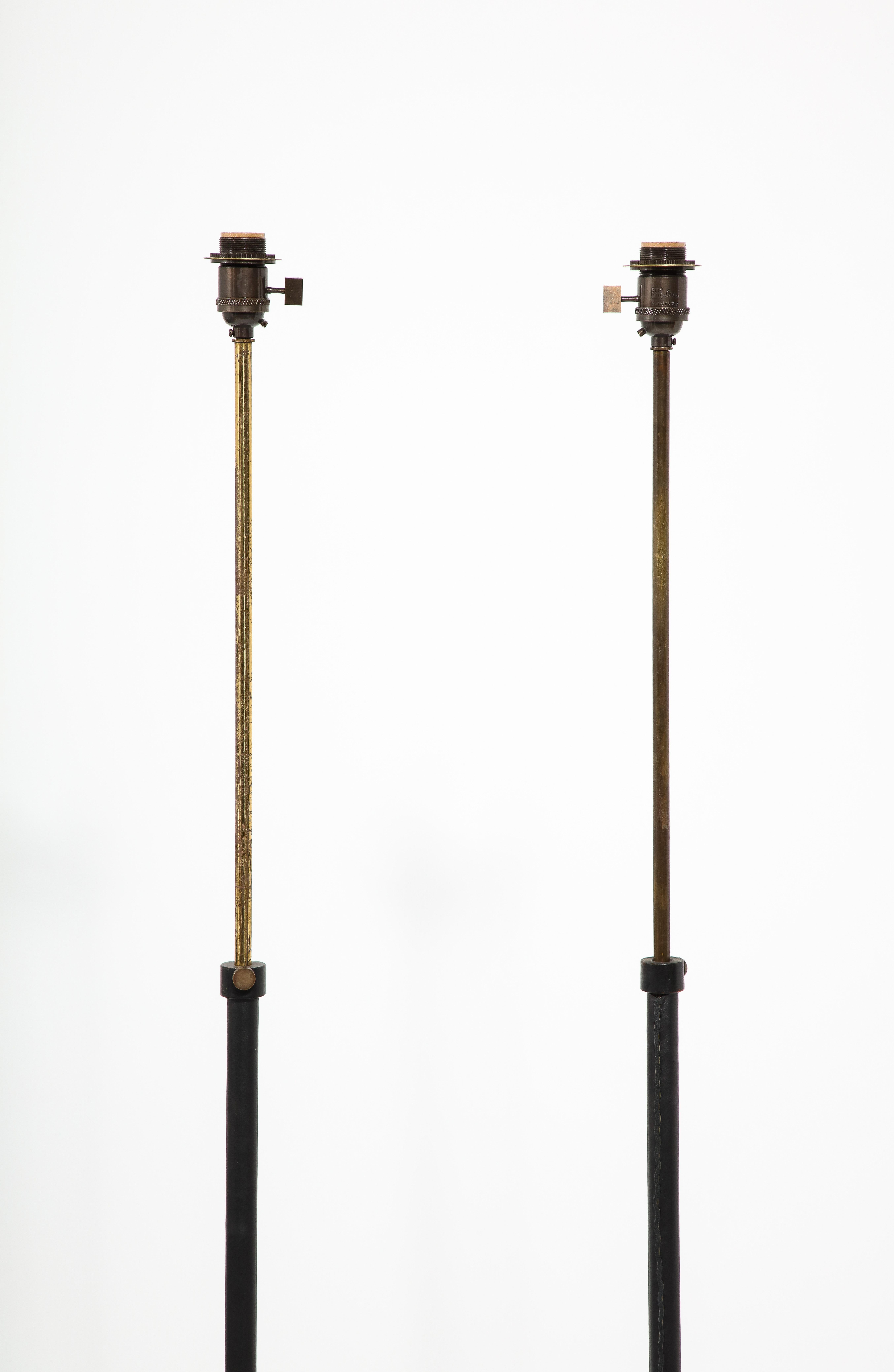 20th Century Adnet Style Brass & Black Leather Wrapped Adjustable Floor Lamps, France 1960's For Sale