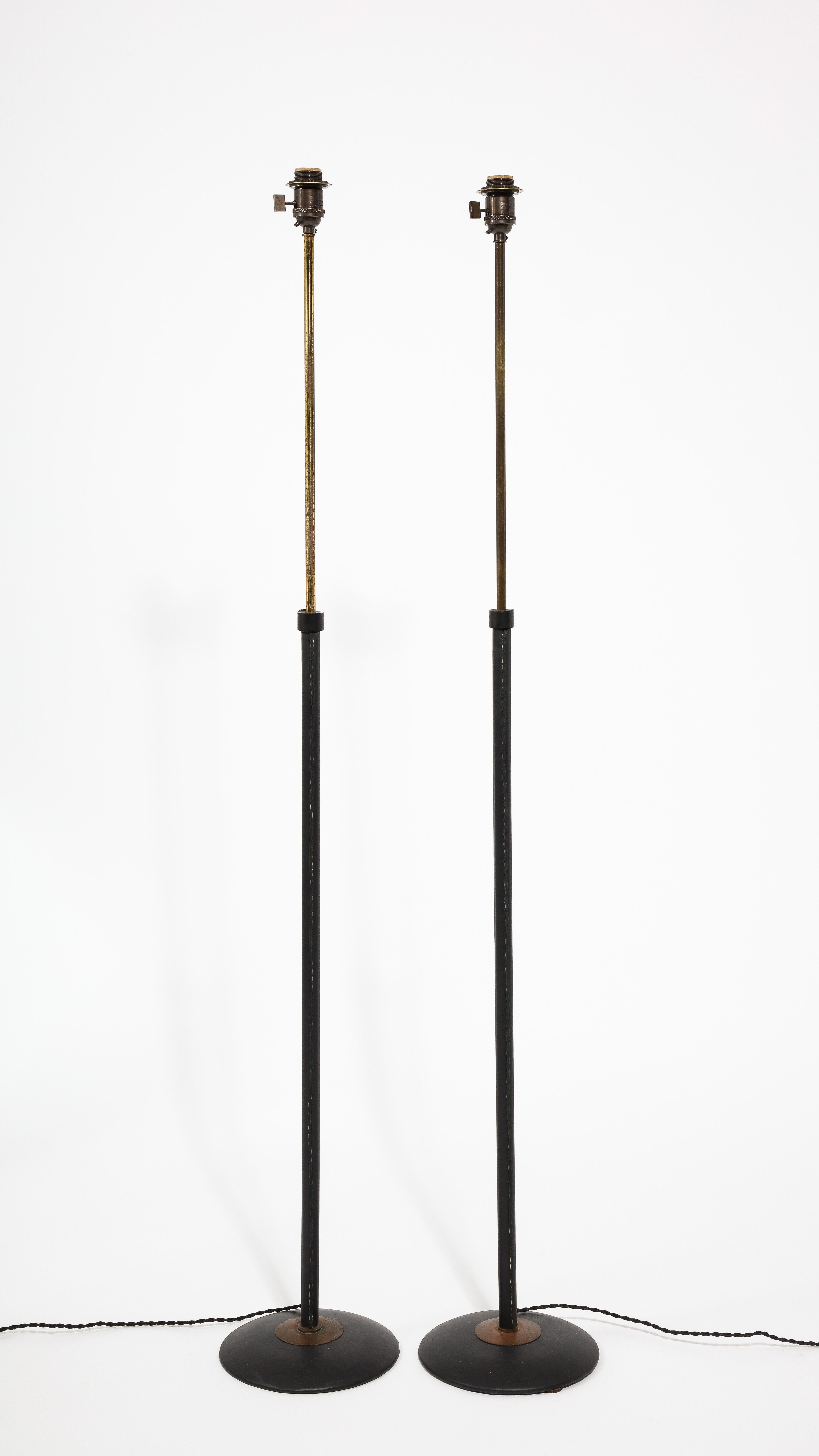 Adnet Style Brass & Black Leather Wrapped Adjustable Floor Lamps, France 1960's For Sale 1