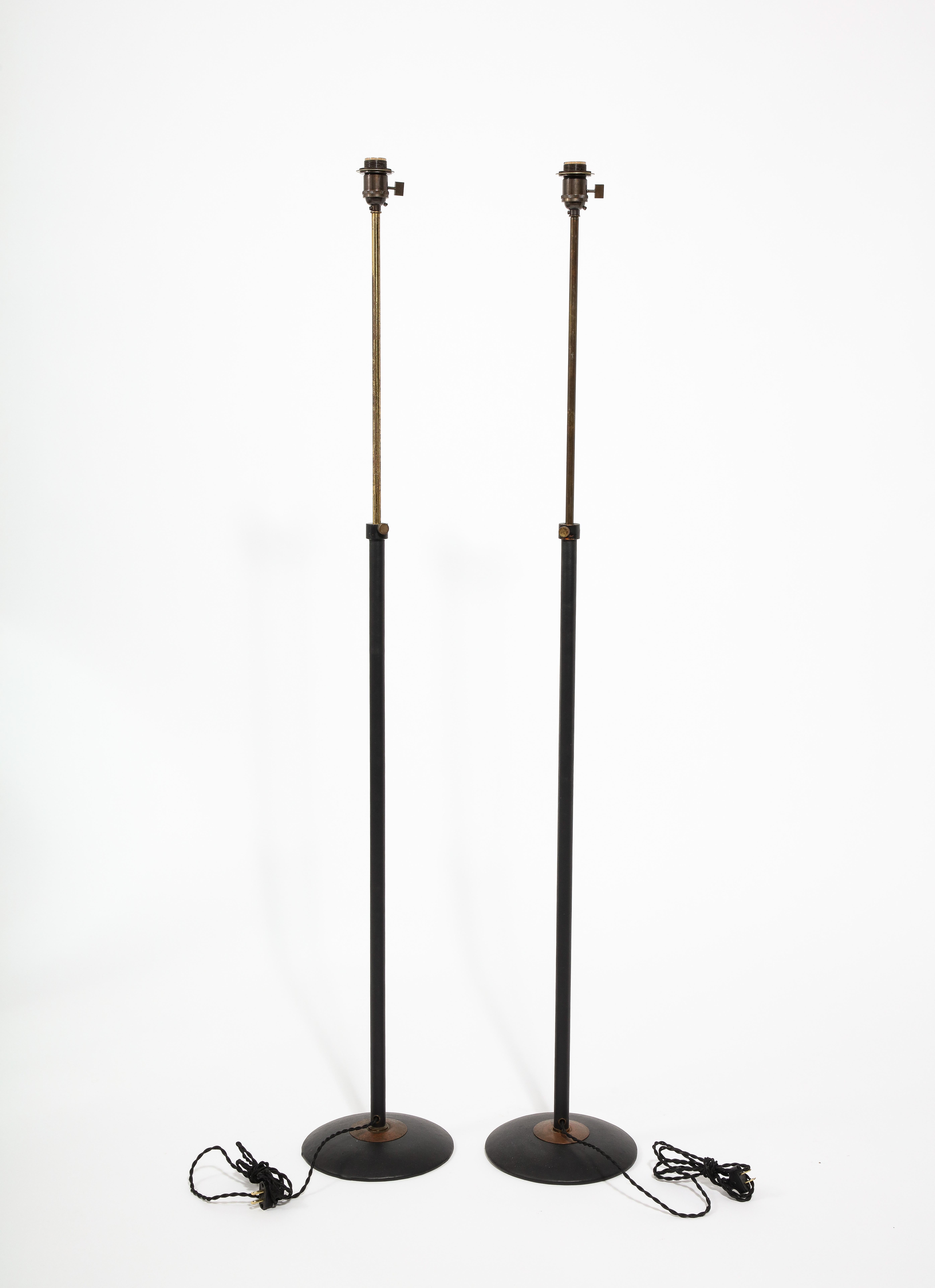 Adnet Style Brass & Black Leather Wrapped Adjustable Floor Lamps, France 1960's For Sale 2