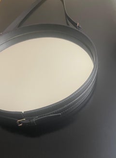 Black Leather Wrapped Circular Mirror By Jacques Adnet and Hermès, France 1950