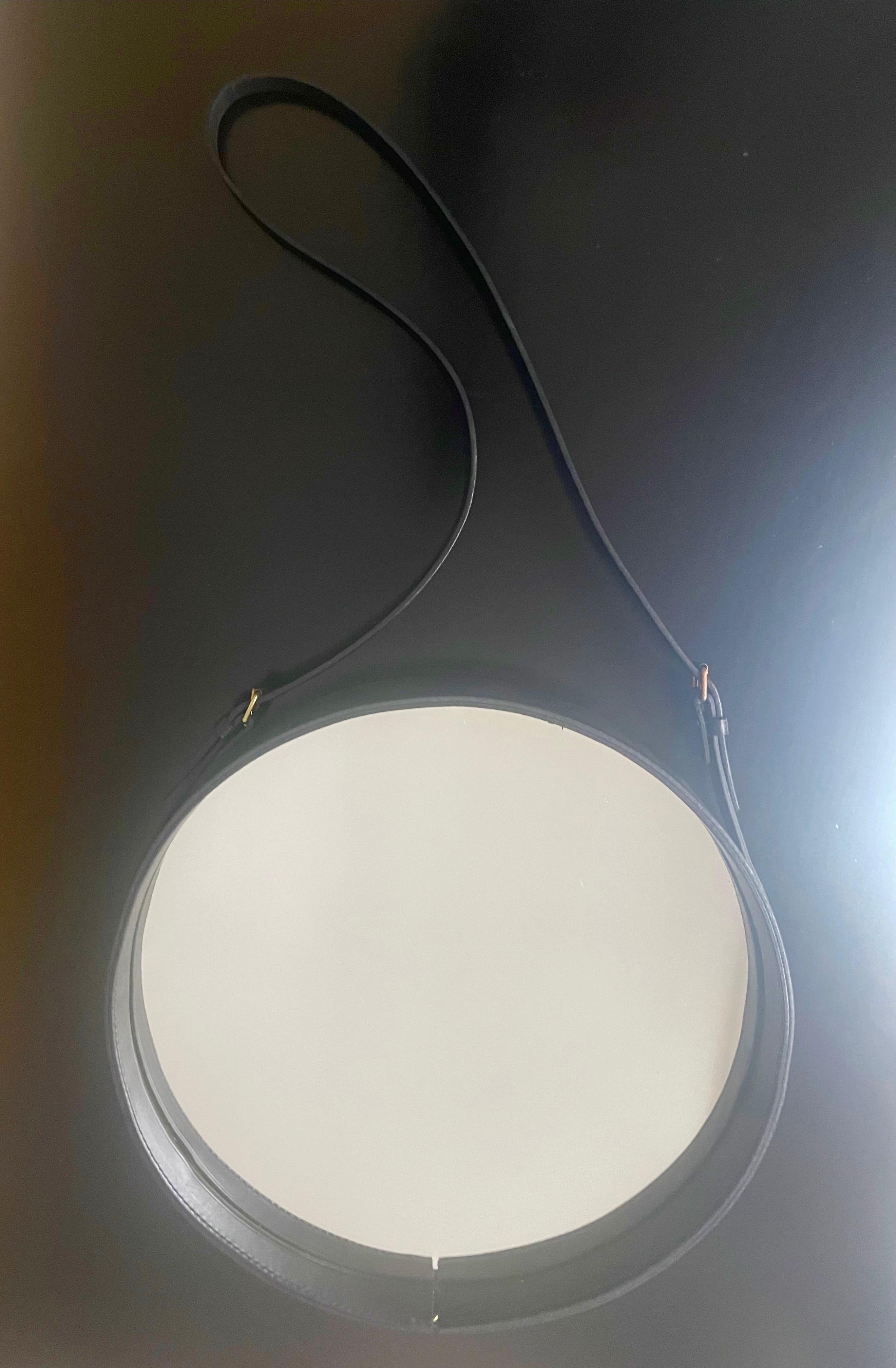 French Black Leather Wrapped Circular Mirror By Jacques Adnet and Hermès, France 1950