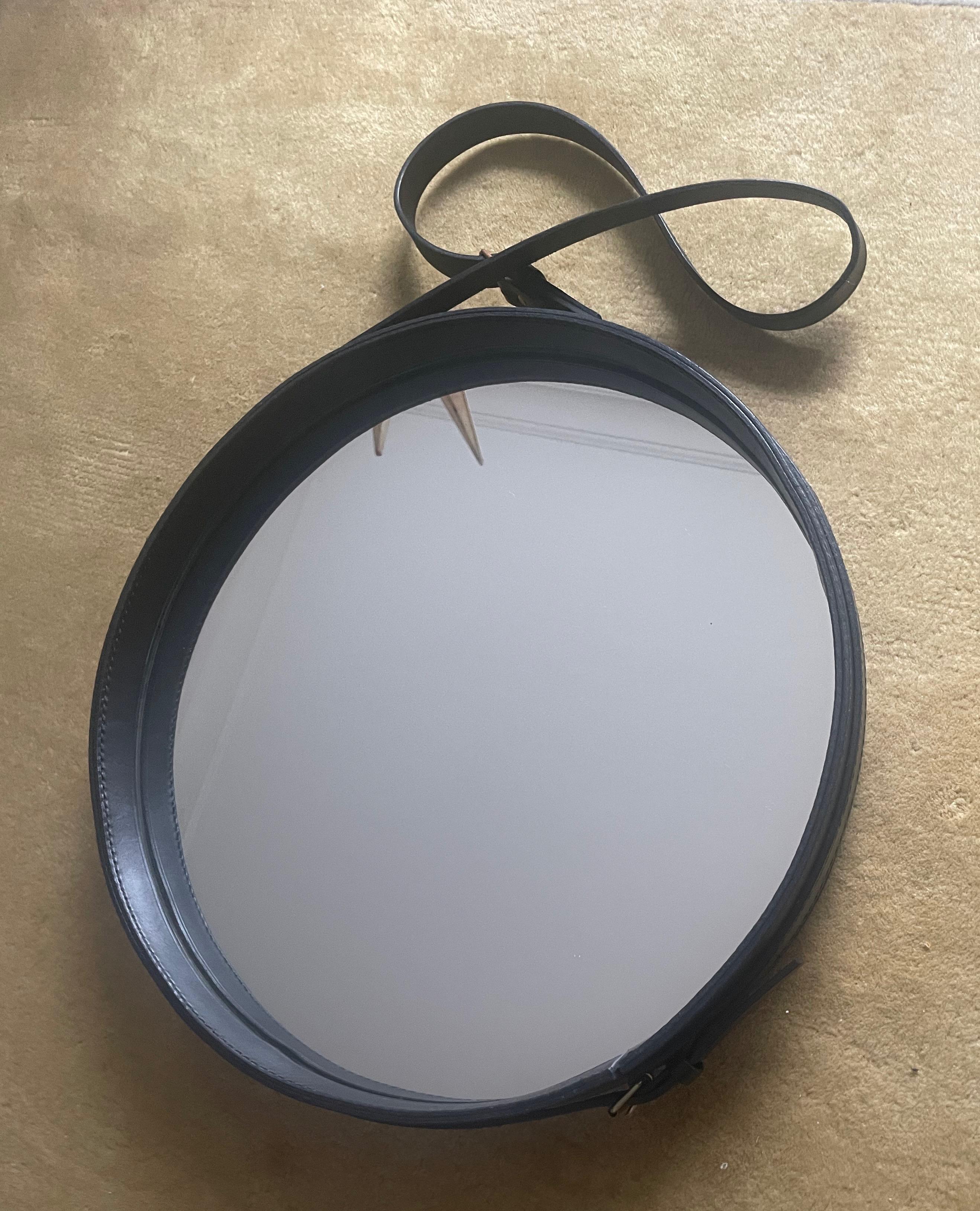 Black Leather Wrapped Circular Mirror By Jacques Adnet and Hermès, France 1950 2