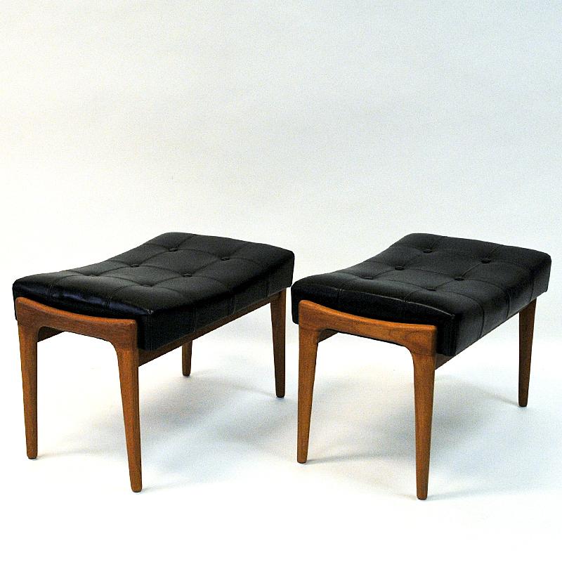 Mid-20th Century Black Leatherette and Teak Footstool Pair by Bröderna Andersson, 1950s, Sweden