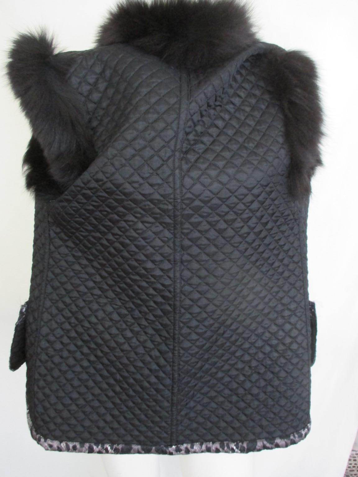 Black Leopard Print Vest with Black Fox fur For Sale 1
