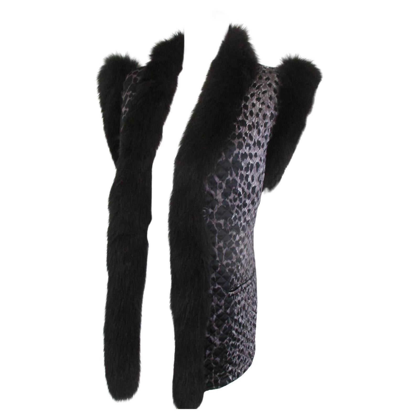Black Leopard Print Vest with Black Fox fur For Sale