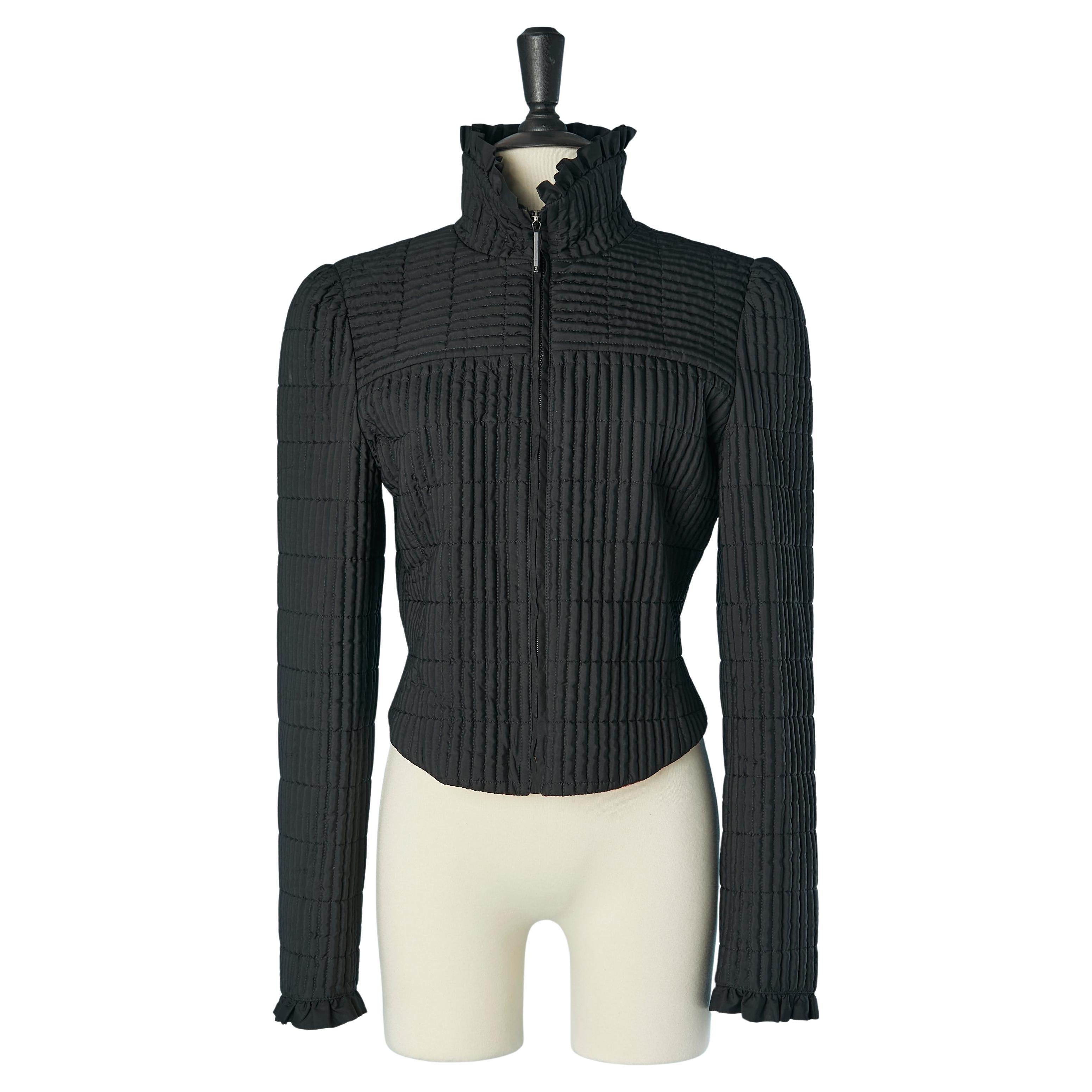 Black lightly quilted jacket with ruffles edge FENDI Roma Jeans For Sale