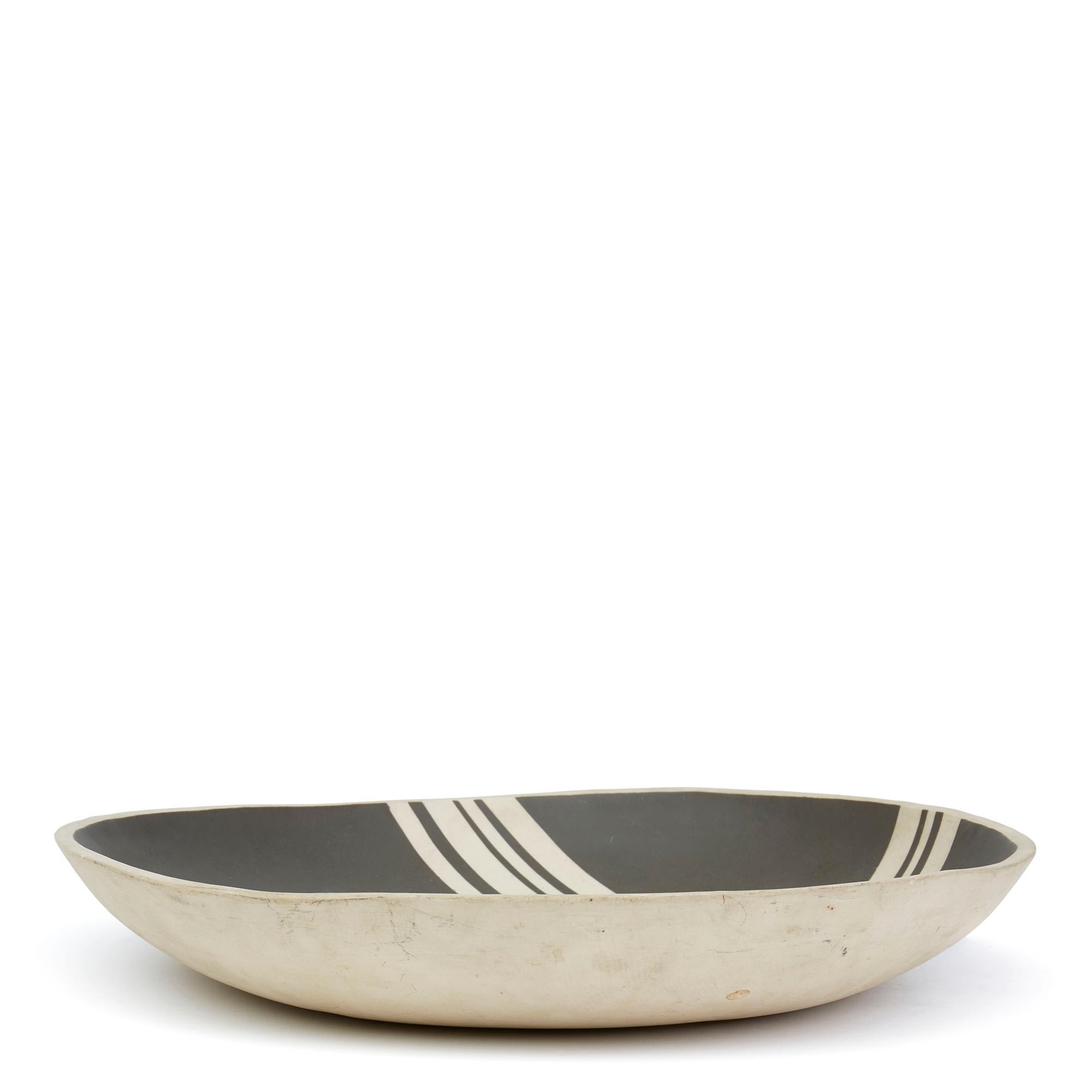 Glazed Black Linear Pattern Studio Pottery Bowl Signed For Sale