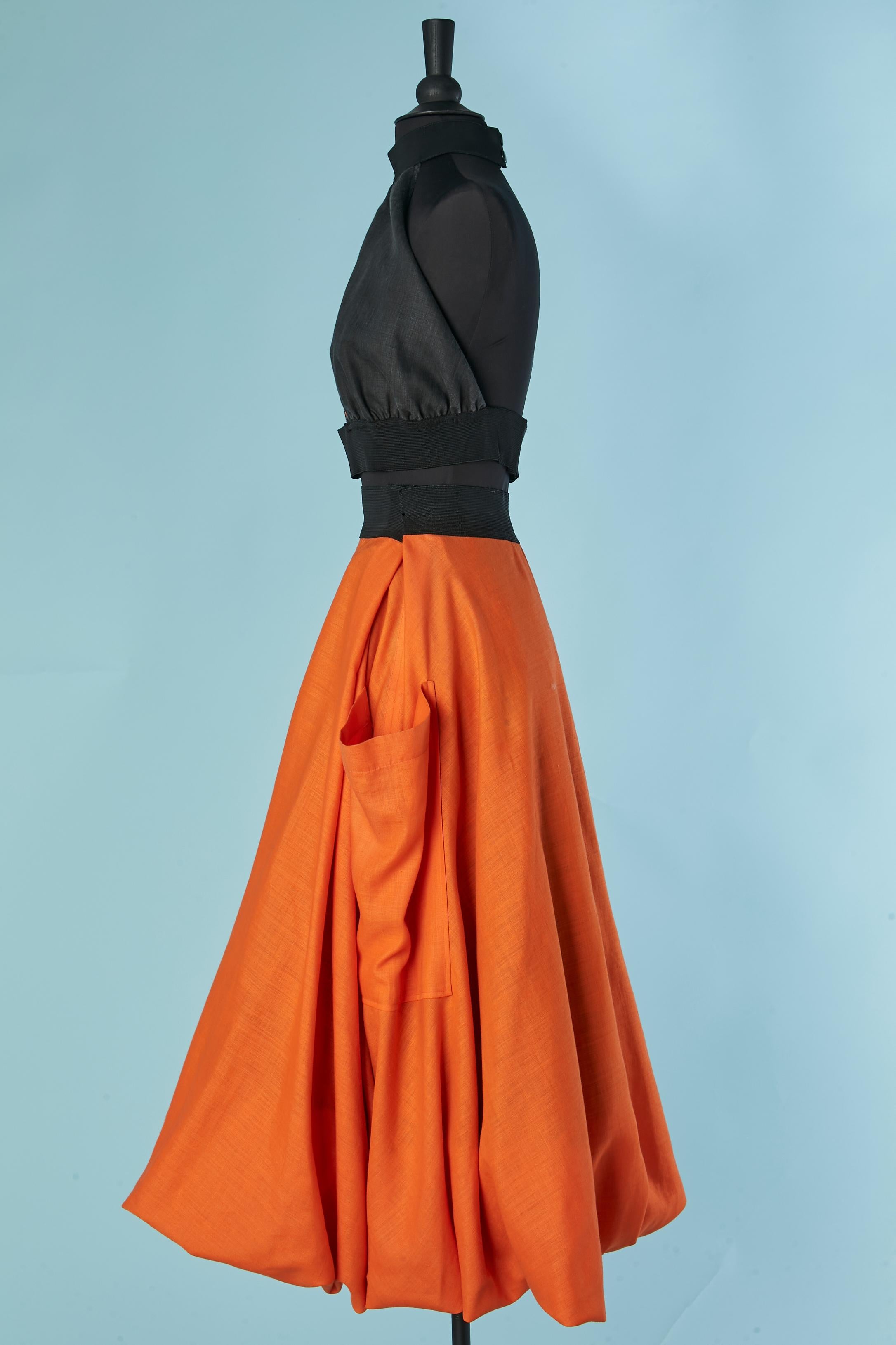Top sin espalda de lino negro y falda globo naranja JEAN-REMY DAUMAS en Bastante bueno estado para la venta en Saint-Ouen-Sur-Seine, FR