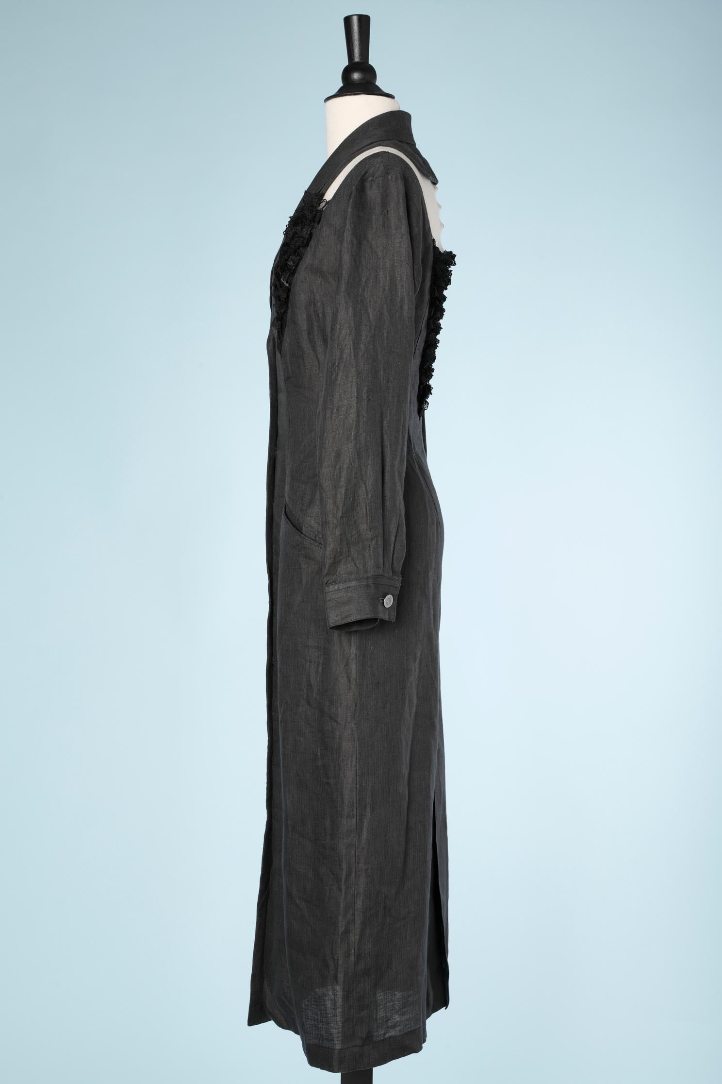 Black linen dress with black lace details Chantal Thomass SS1992 For Sale 1