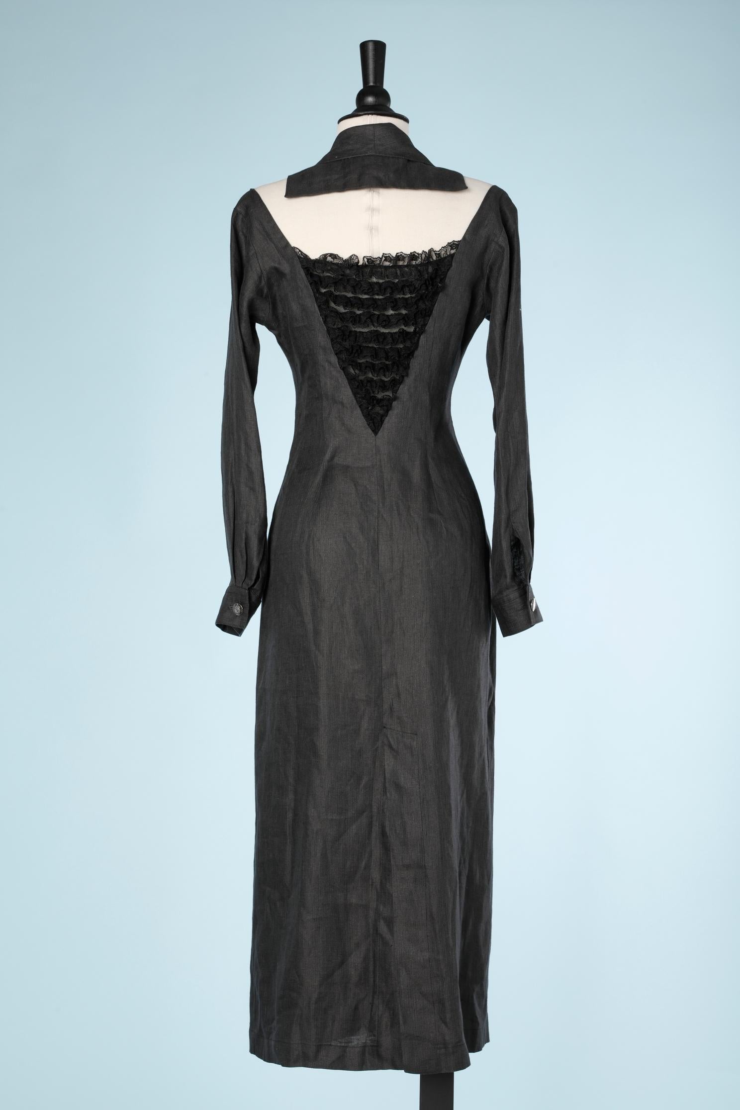 Black linen dress with black lace details Chantal Thomass SS1992 For Sale 2