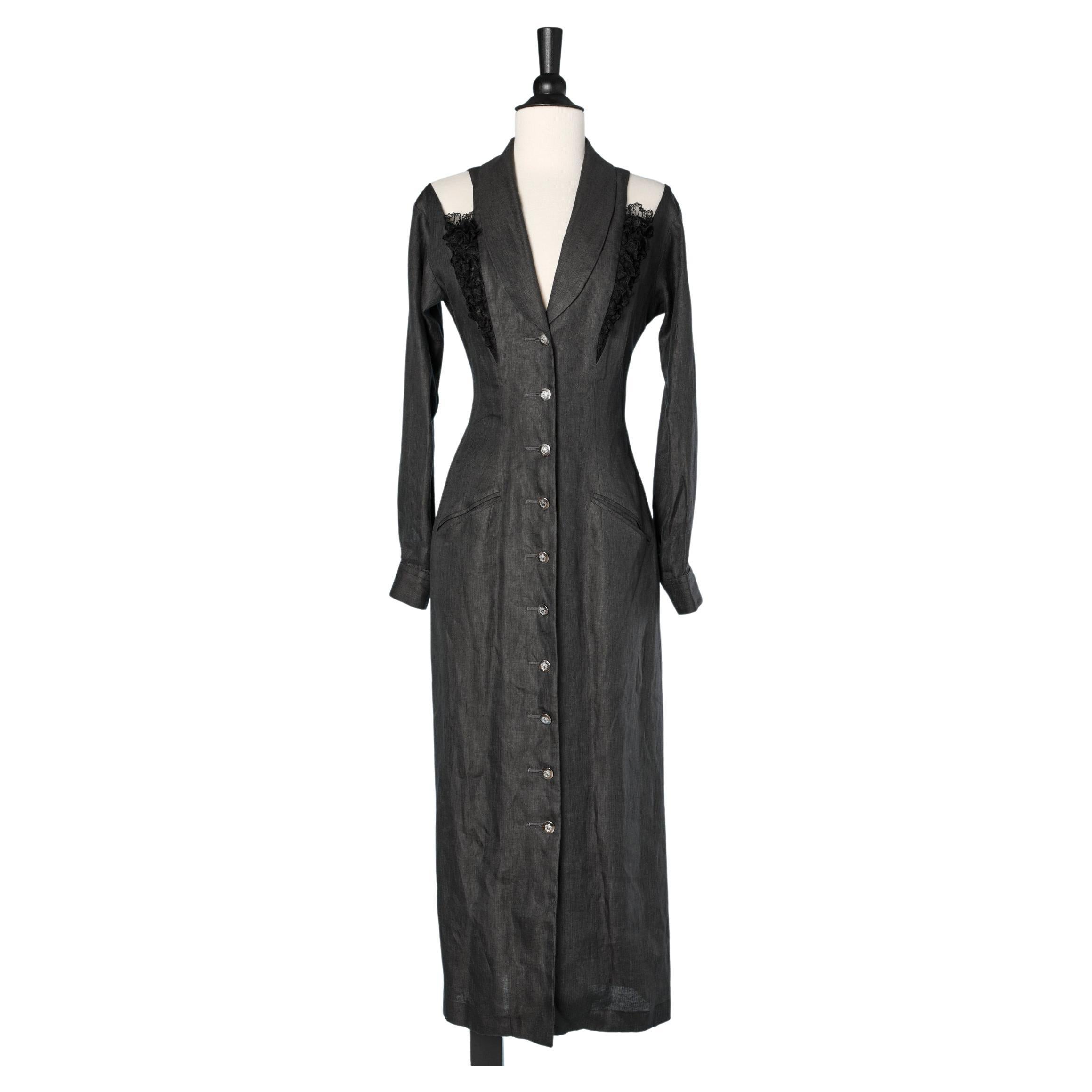Black linen dress with black lace details Chantal Thomass SS1992