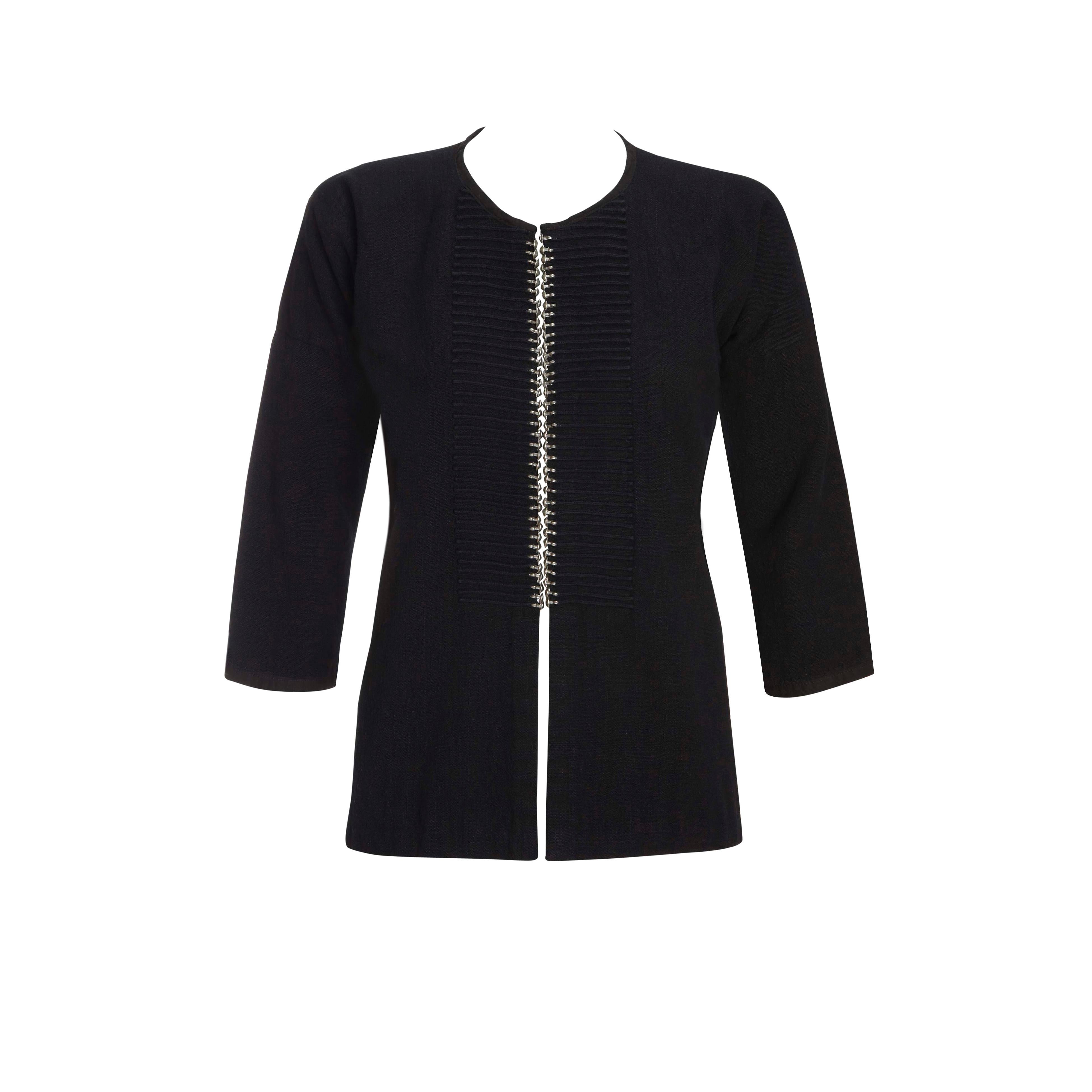 Women's Sterling Silver Pintuck Jacket - Black Linen - Long Back Hem Detail For Sale