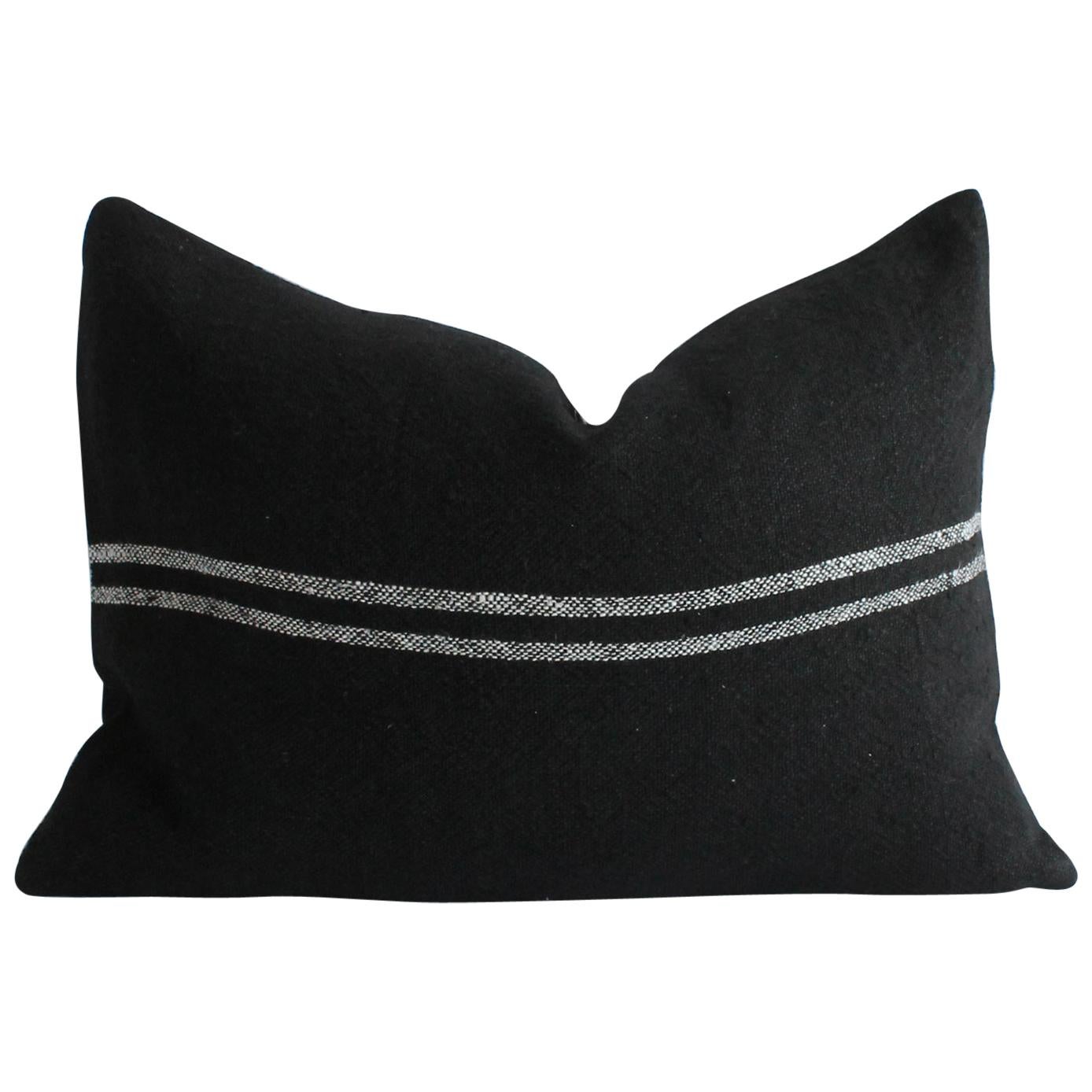 Black Linen Lumbar Pillow with Off-White Stripes