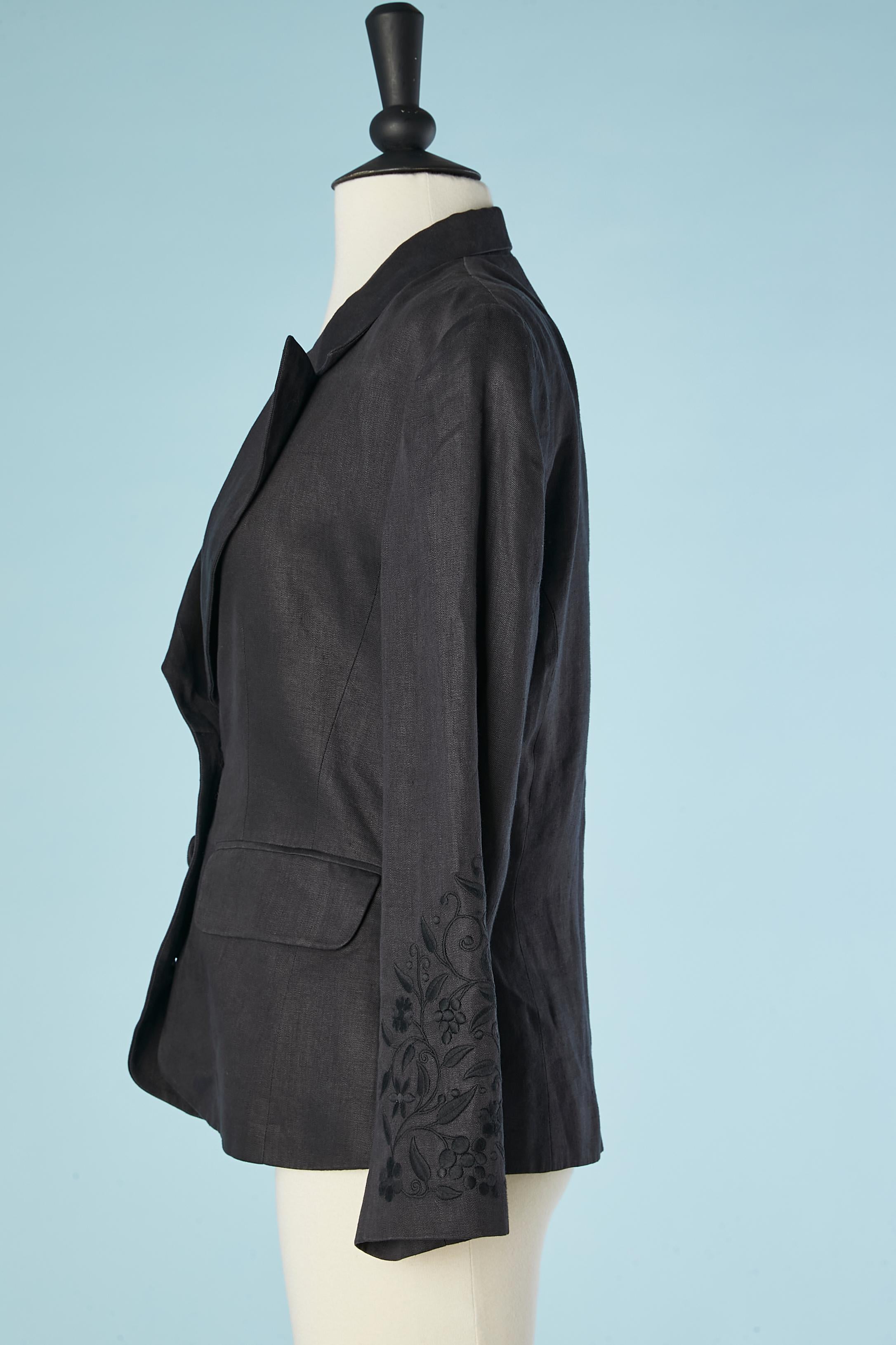 Women's Black linen single breasted jacket with thread embroideries on sleeve KENZO  For Sale