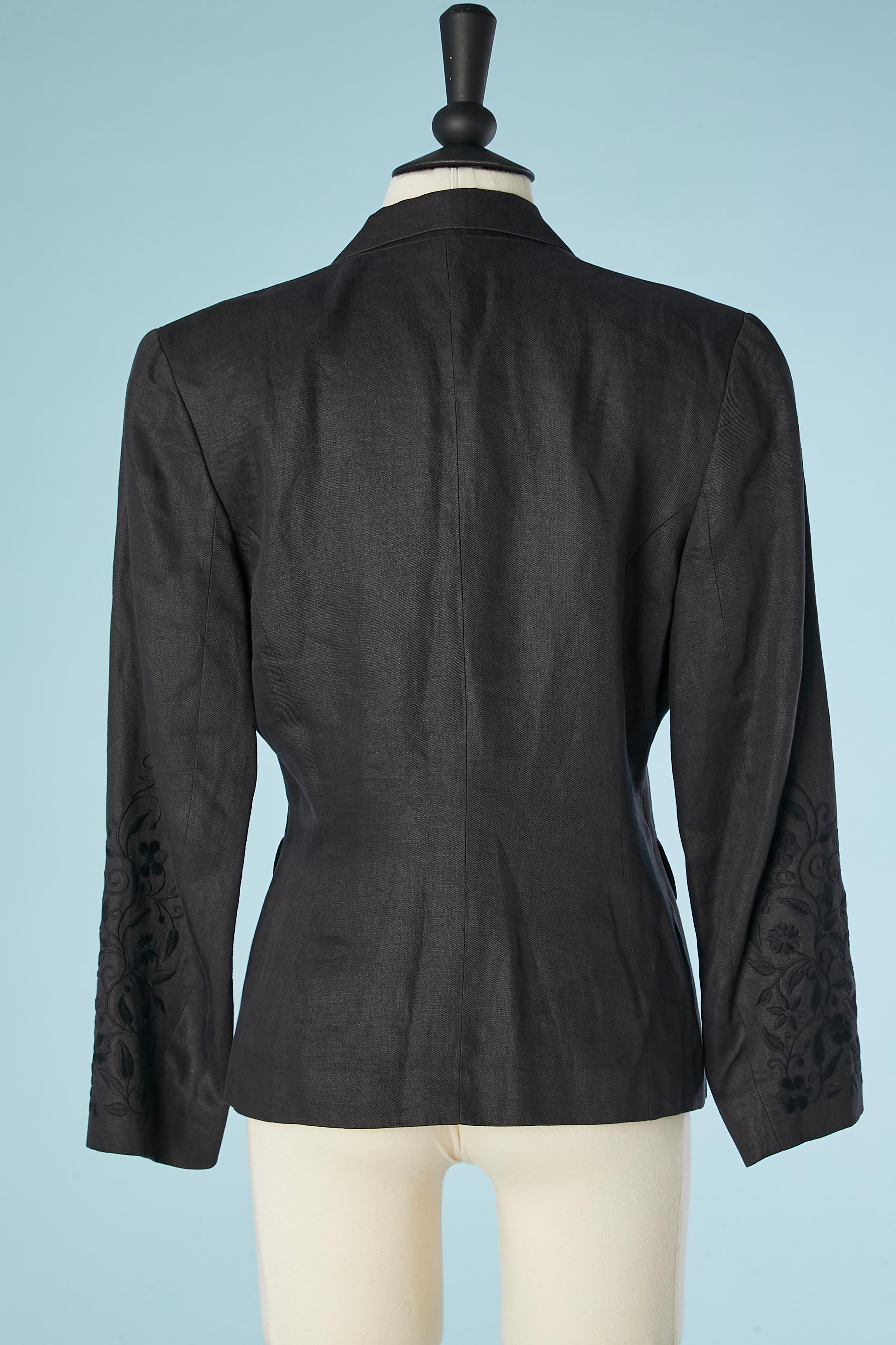 Black linen single breasted jacket with thread embroideries on sleeve KENZO  For Sale 1