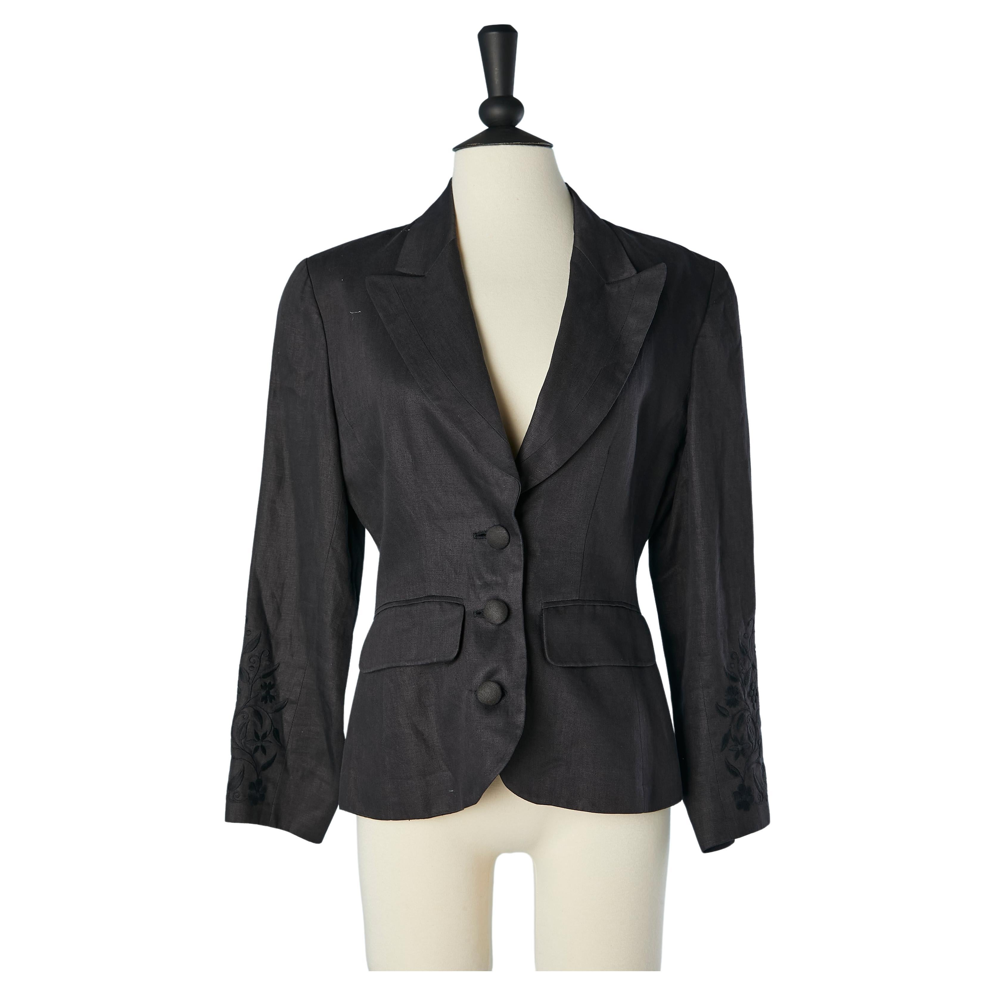 Black linen single breasted jacket with thread embroideries on sleeve KENZO For Sale