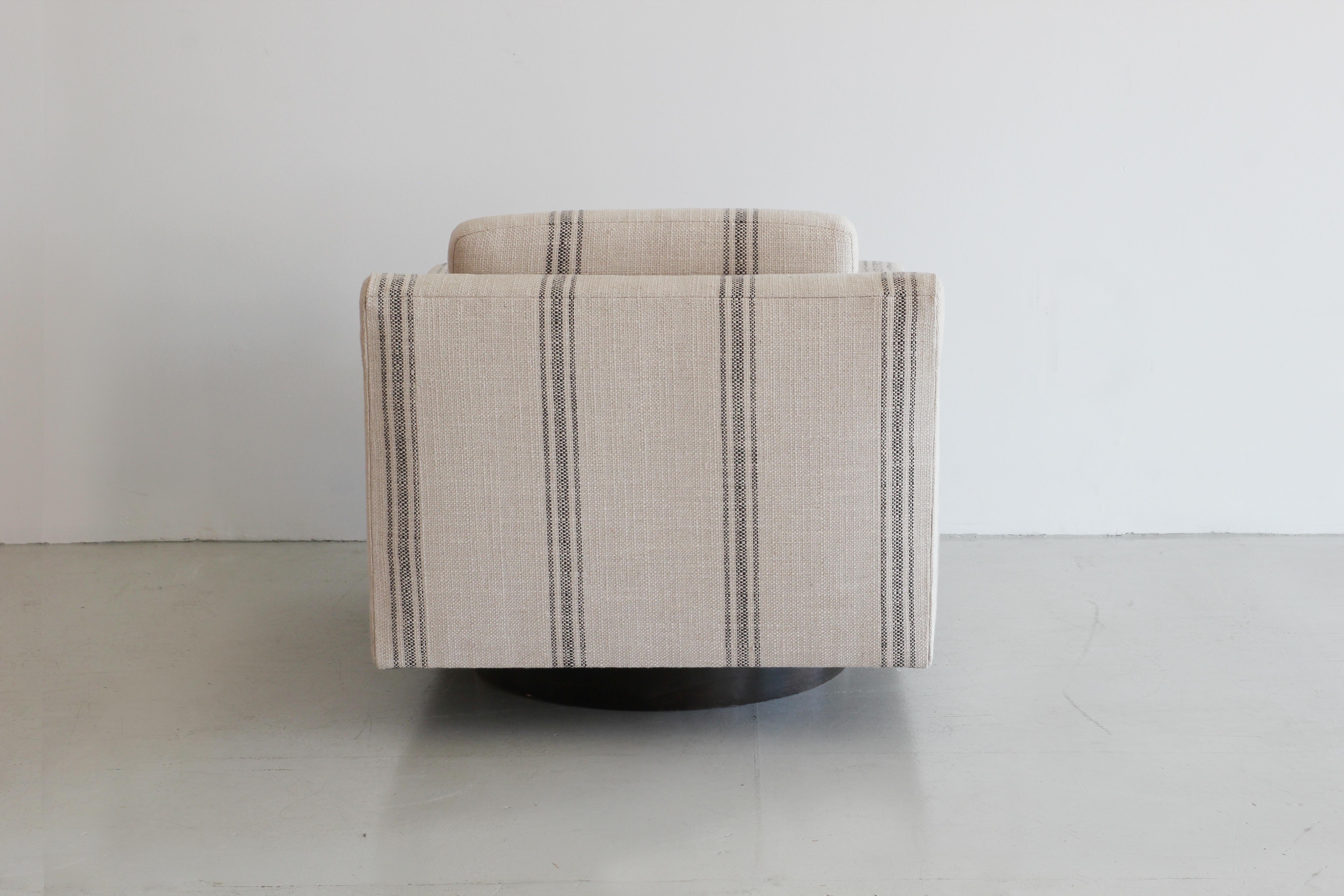 Contemporary Black Linen Striped Milo Baughman Style Chairs
